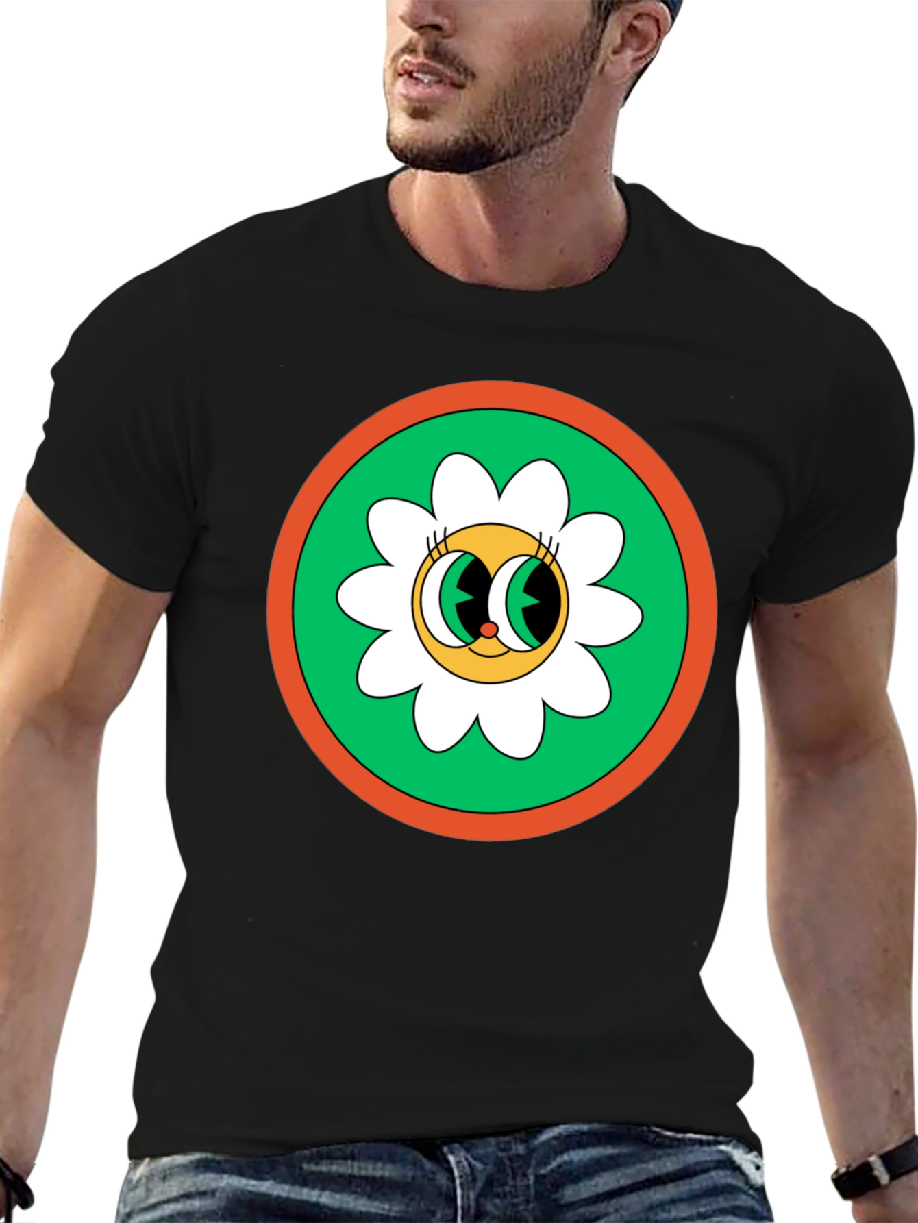 Black Retro Flower Power Graphic Tee - Black Cotton Blend view 6