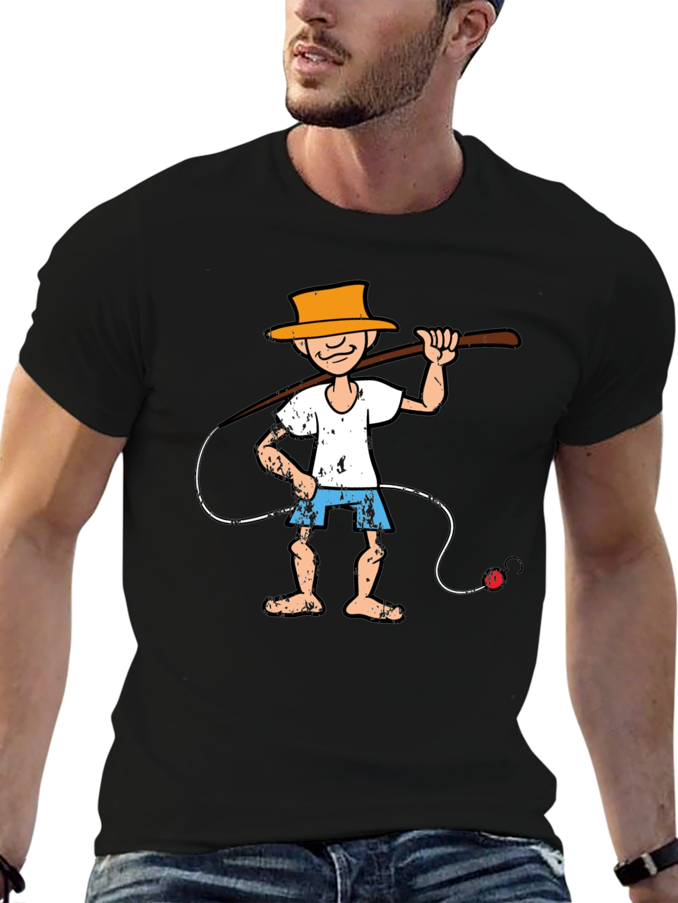 Black Cartoon Fisherman Graphic Tee - Unique Humor T-Shirt view 6