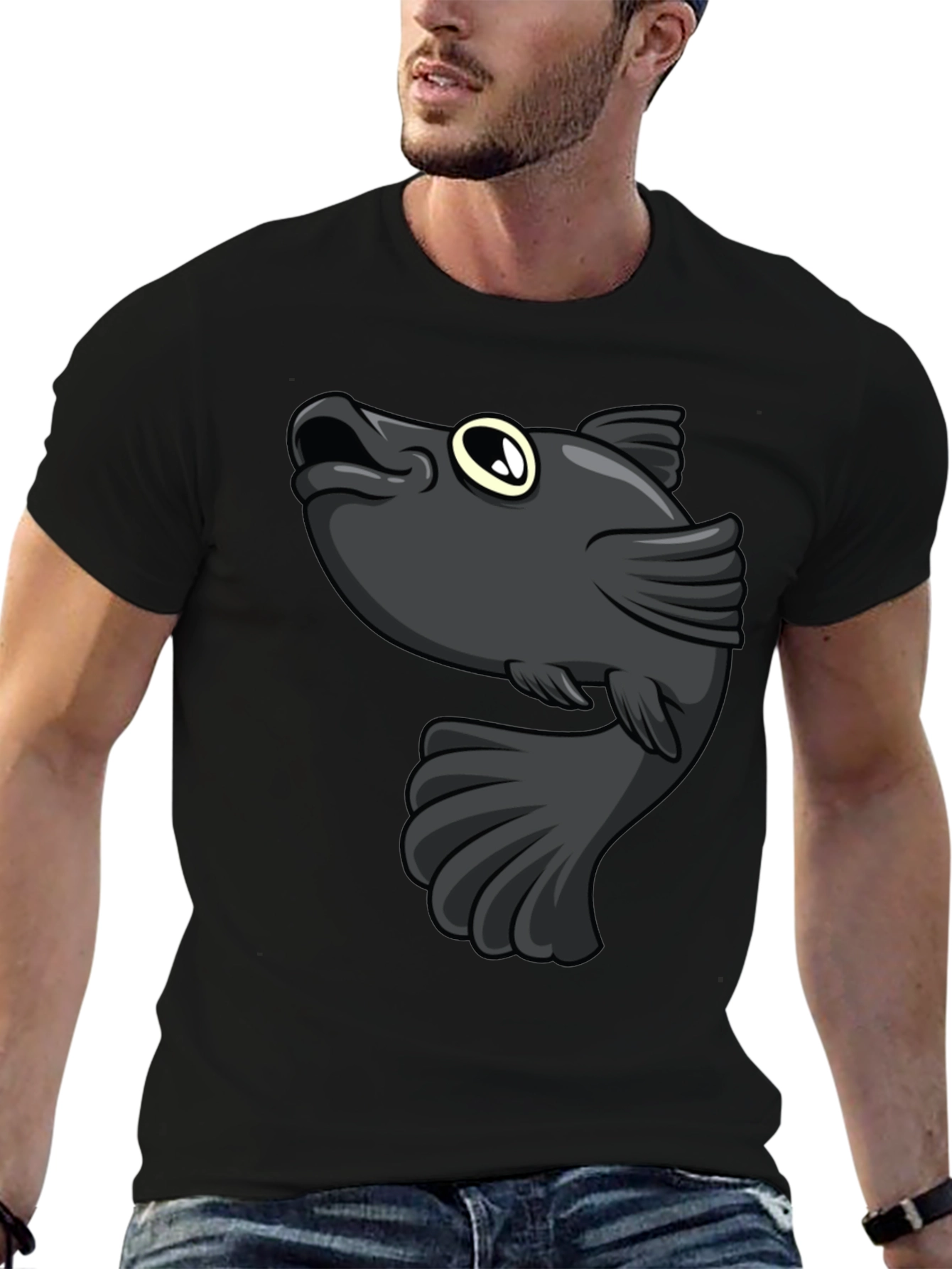 Cartoon Fish Graphic Print Black T-Shirt - 6