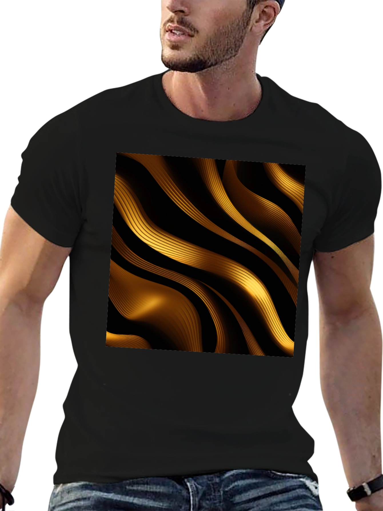 Black Golden Abstract Wave Print Black T-Shirt view 6