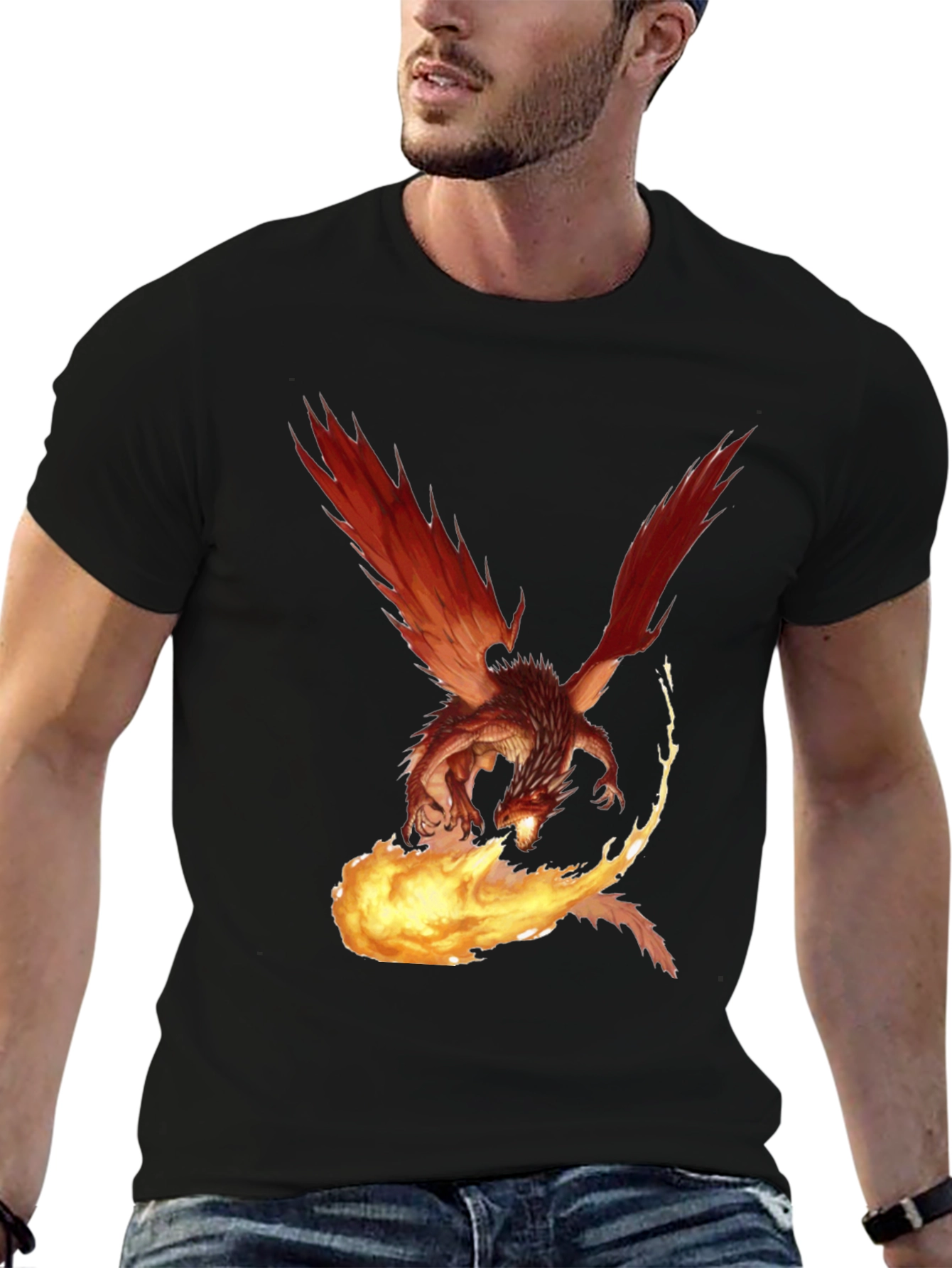 Black Fiery Dragon Graphic Tee - Black Cotton T-Shirt view 6