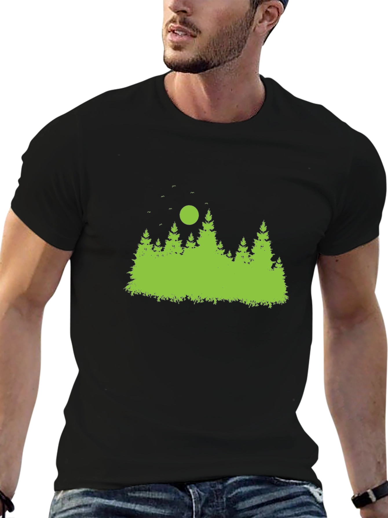 Black Green Forest Print Black T-Shirt view 6