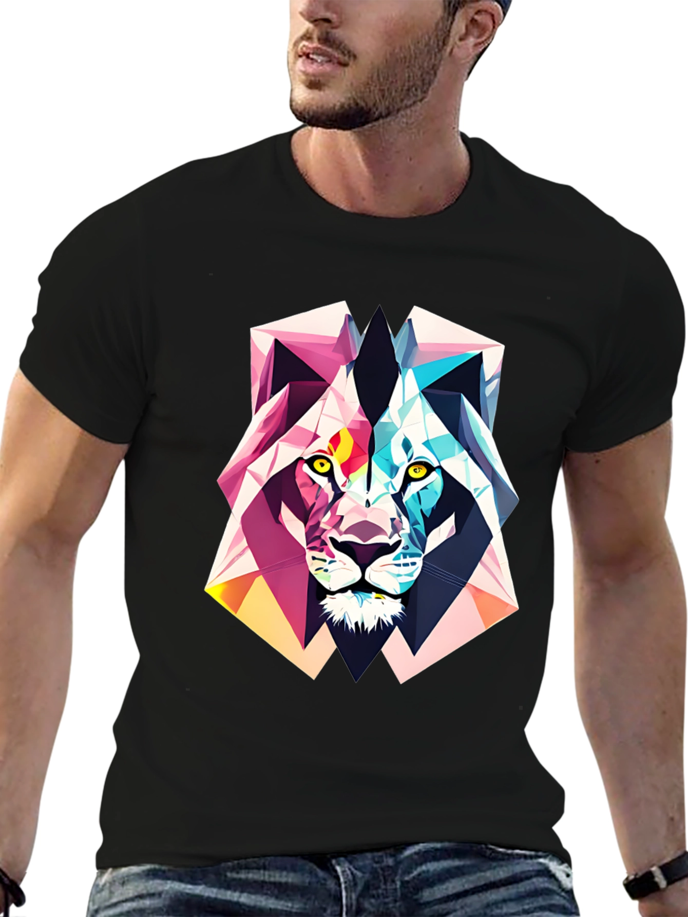 Black Geometric Lion Graphic Tee - Abstract Art Shirt view 6