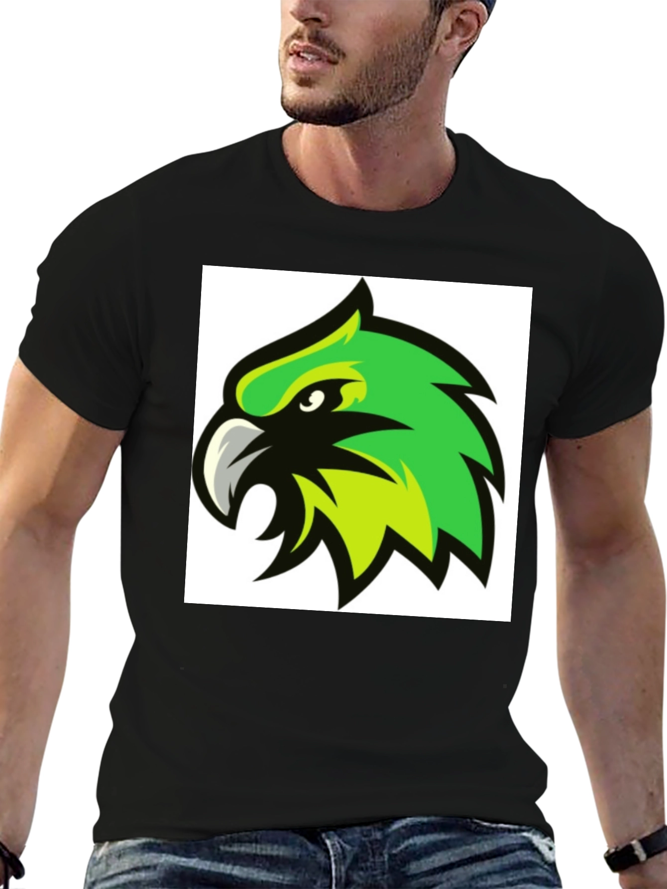 Black Bold Black T-Shirt with Green Hawk Graphic view 6