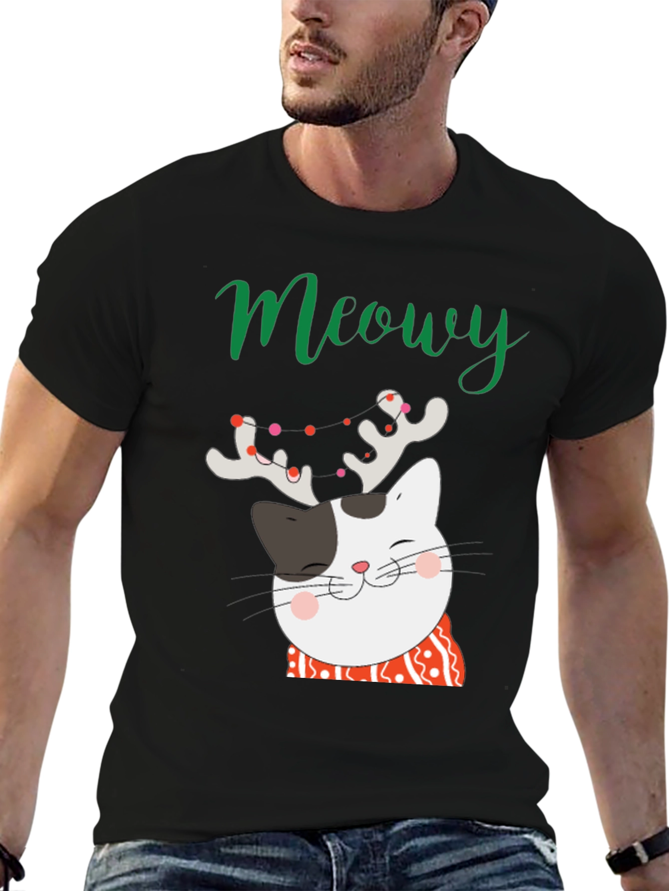 Black Meowy Christmas Cat T-Shirt view 6