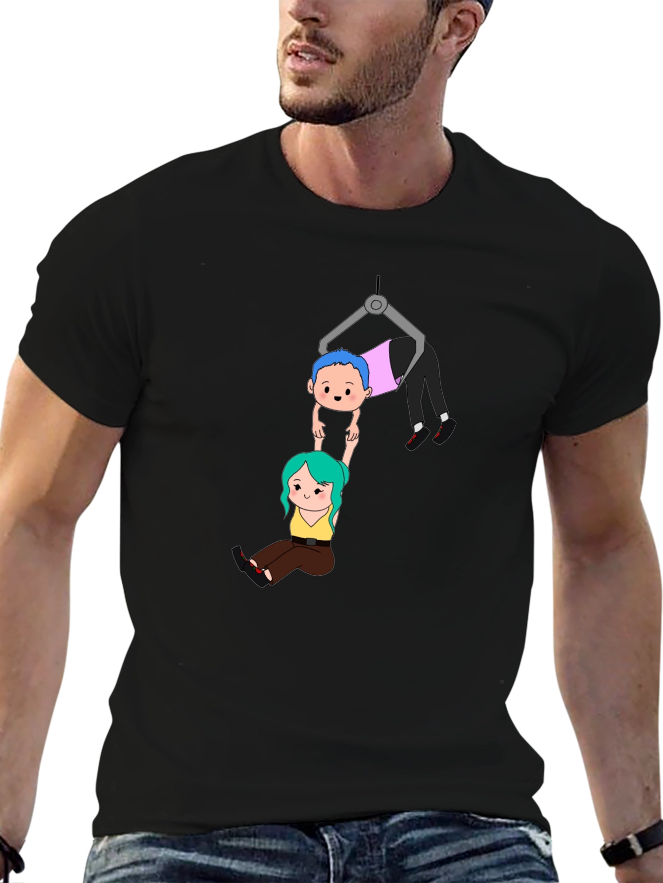 Black Cartoon Couple Crane T-Shirt view 6