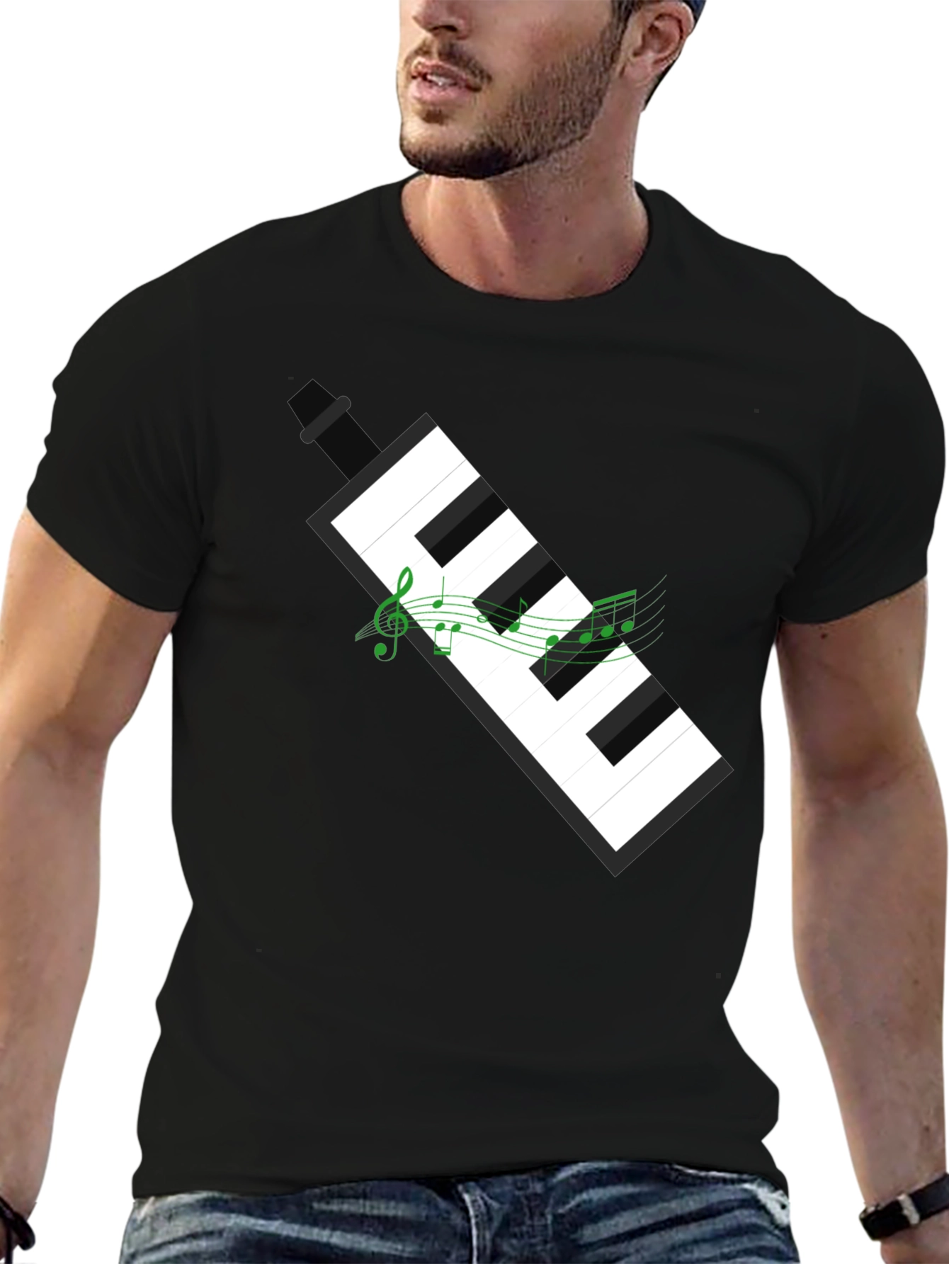 Black Musical Keyboard Graphic Tee - Black Cotton T-Shirt view 6