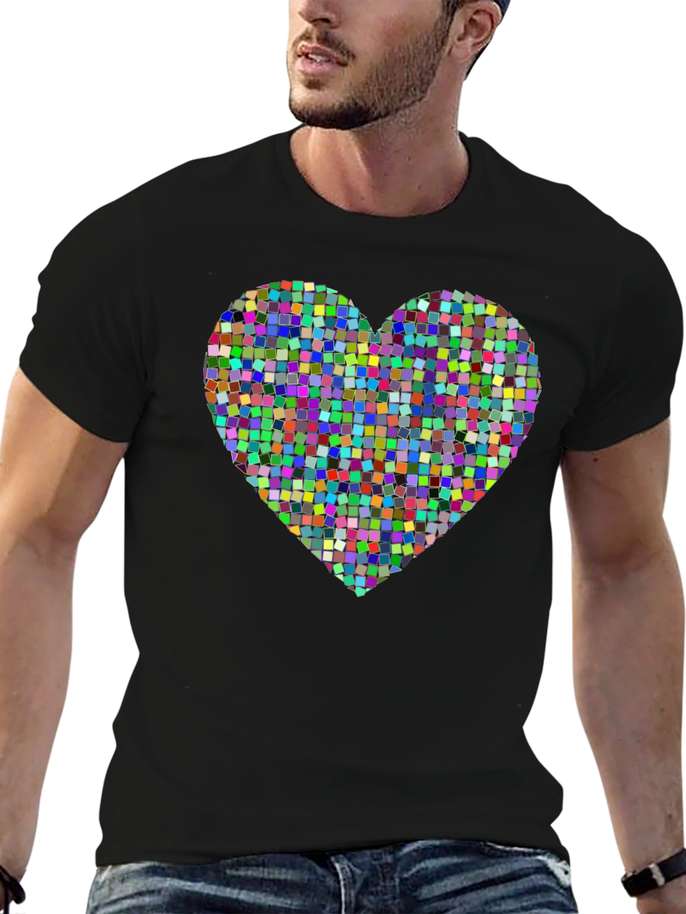 Black Colorful Heart Pixelated T-Shirt view 6