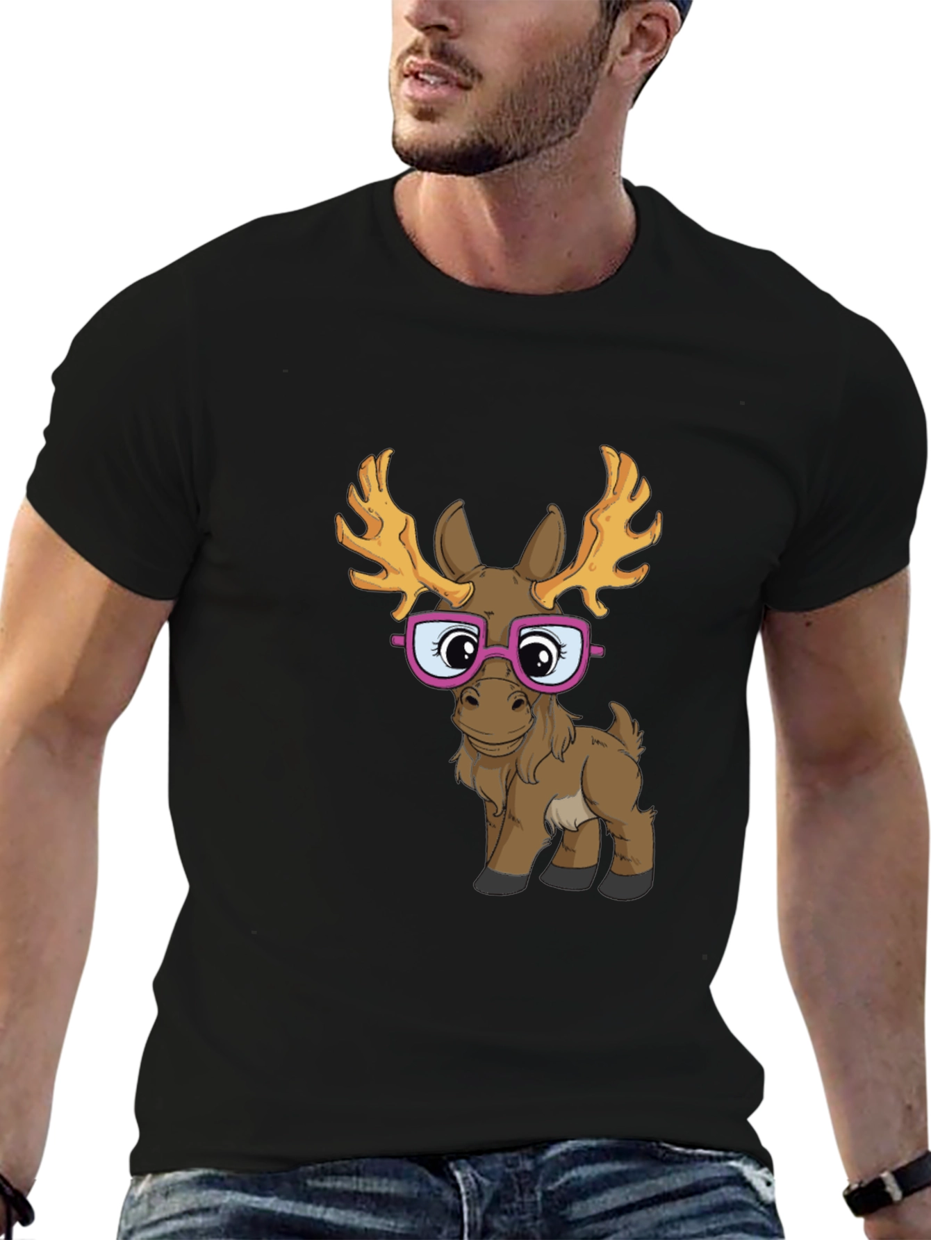Black Funny Moose with Glasses Graphic Tee view 6