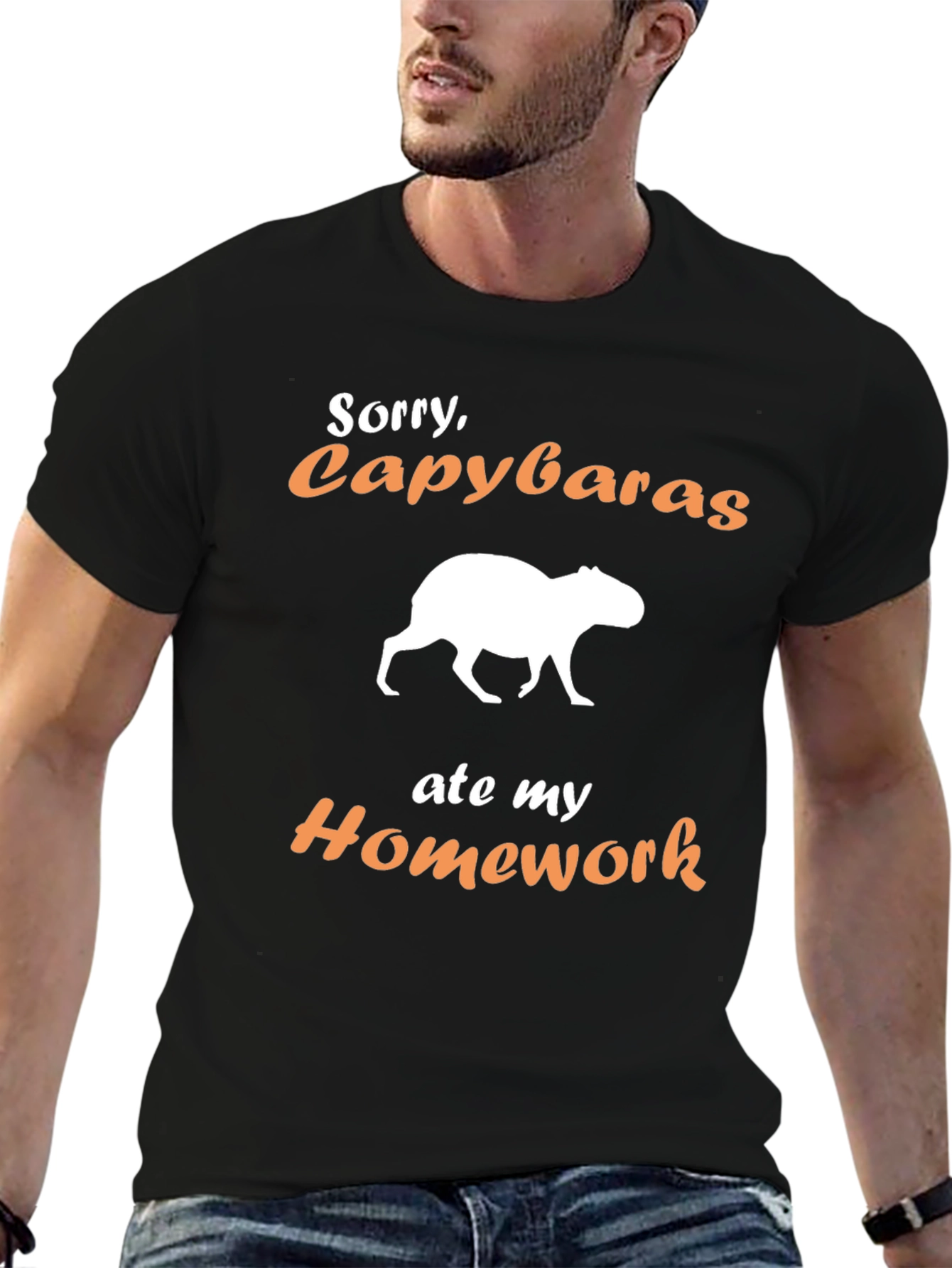 Black Funny Capybara Homework Excuse T-Shirt view 6
