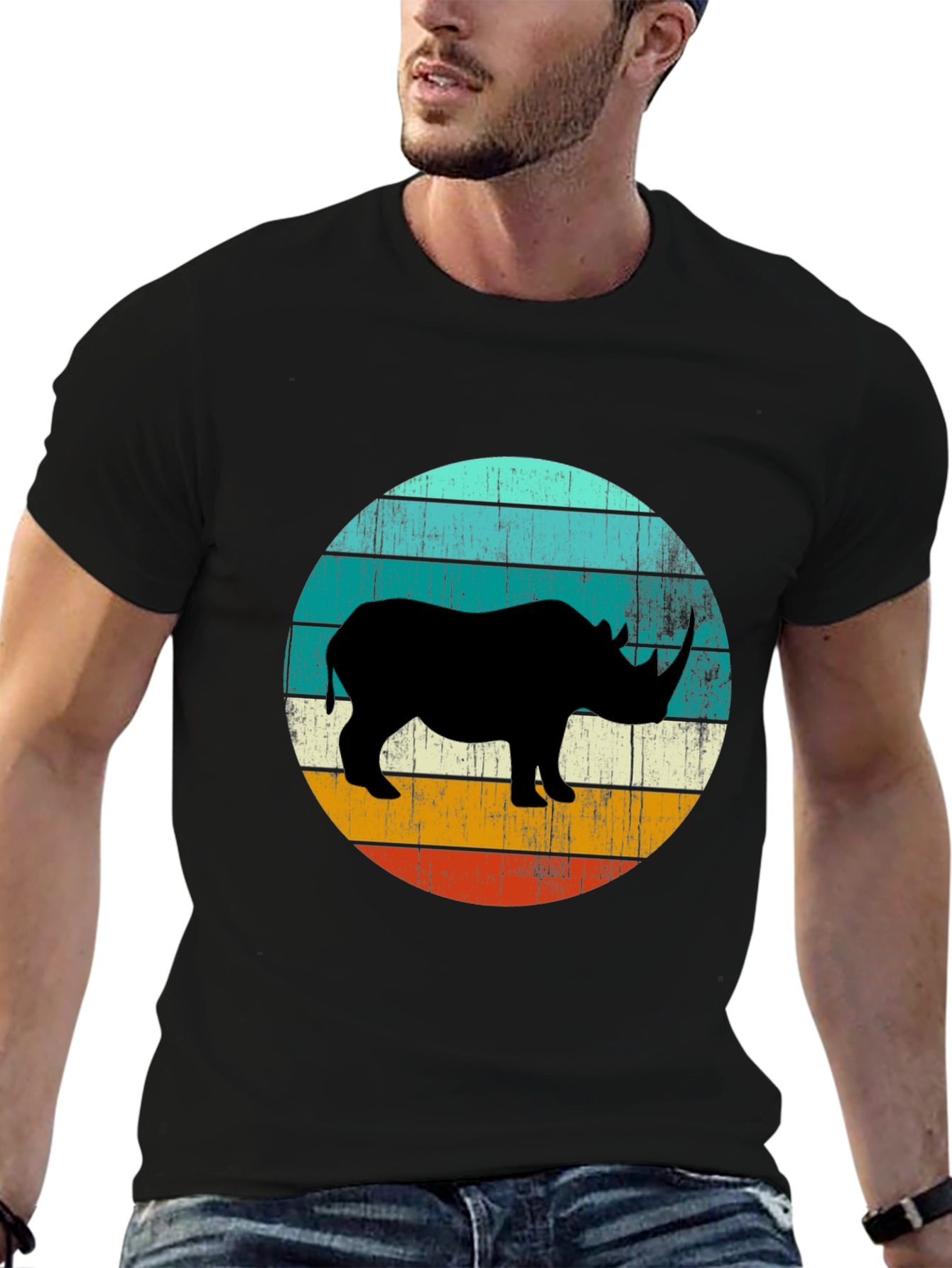 Black Retro Rhino Graphic Tee - Black Cotton T-Shirt view 6
