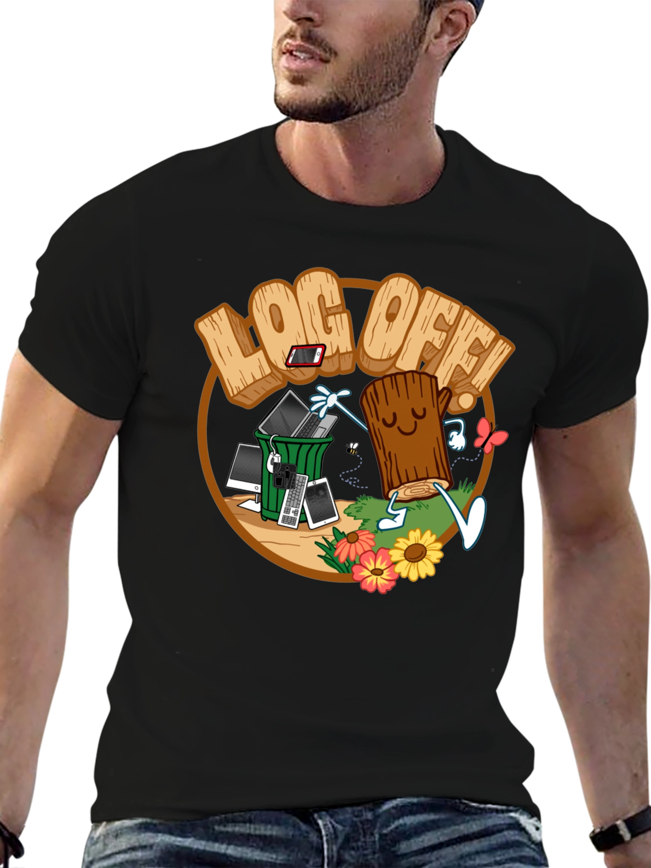 Black Log Off! Graphic Print Black T-Shirt view 6