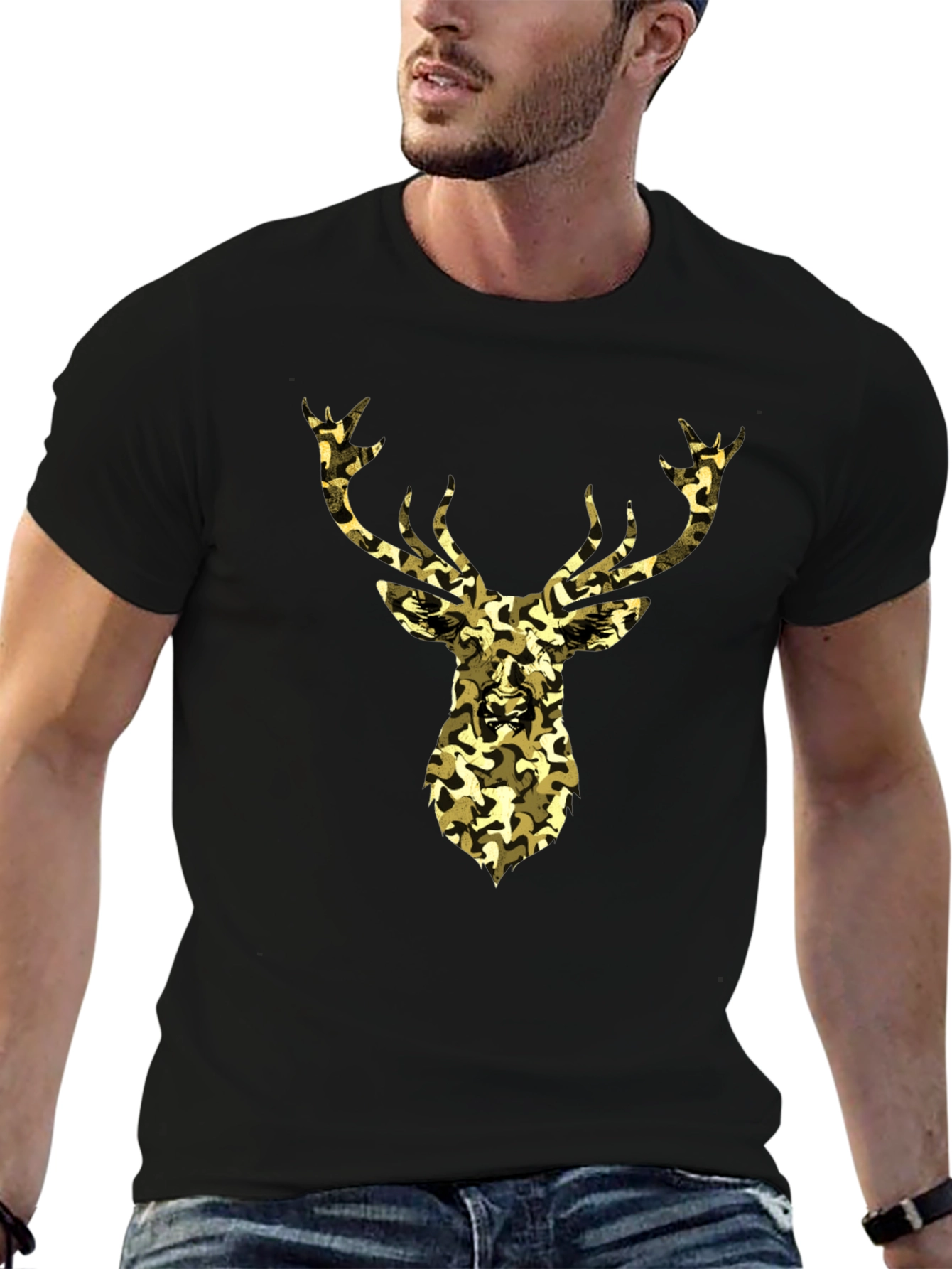 Black Camo Deer Graphic Tee - Black Cotton Casual Shirt view 6