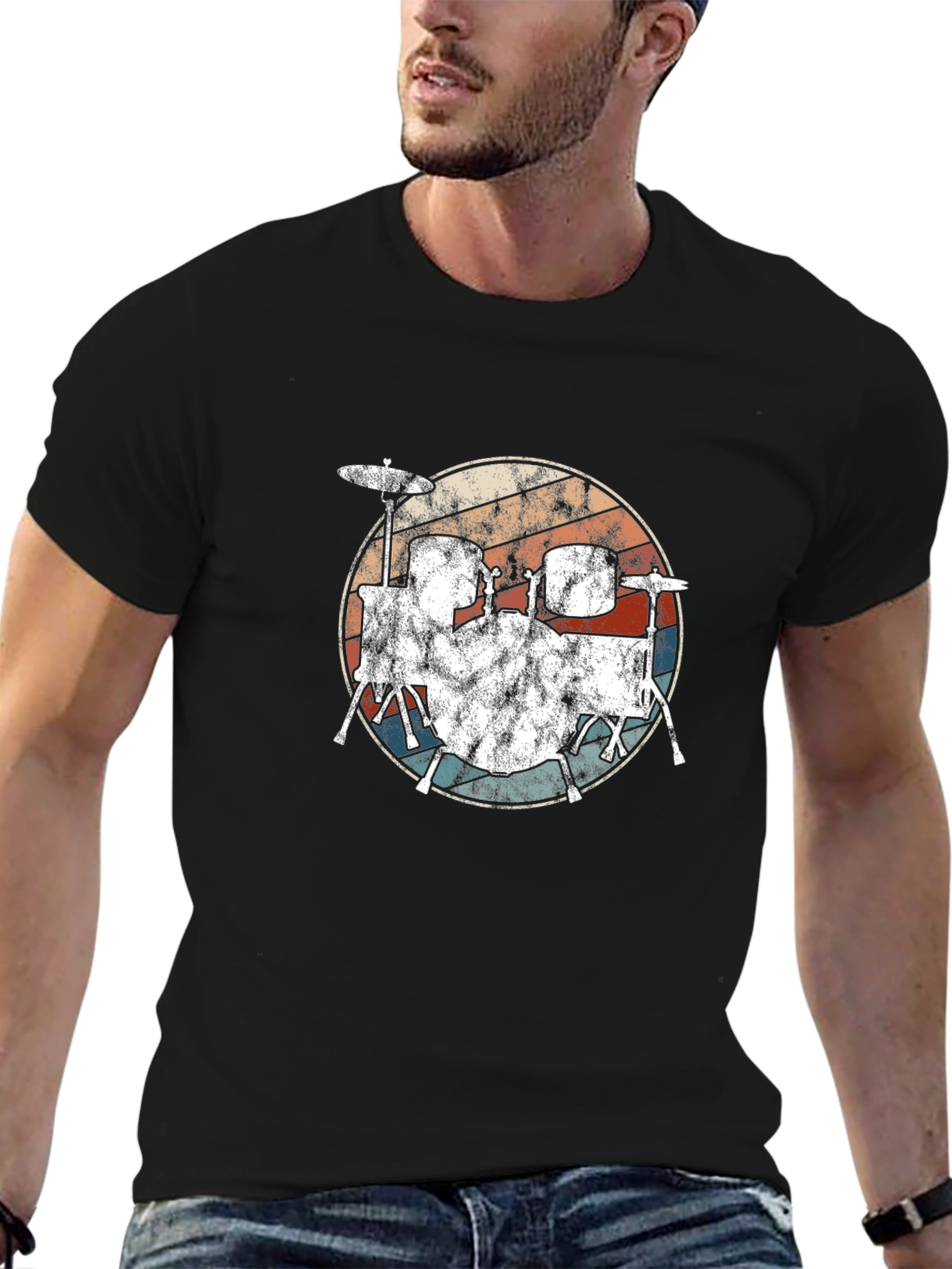 Black Vintage Drum Set Graphic Tee - Retro Style view 6