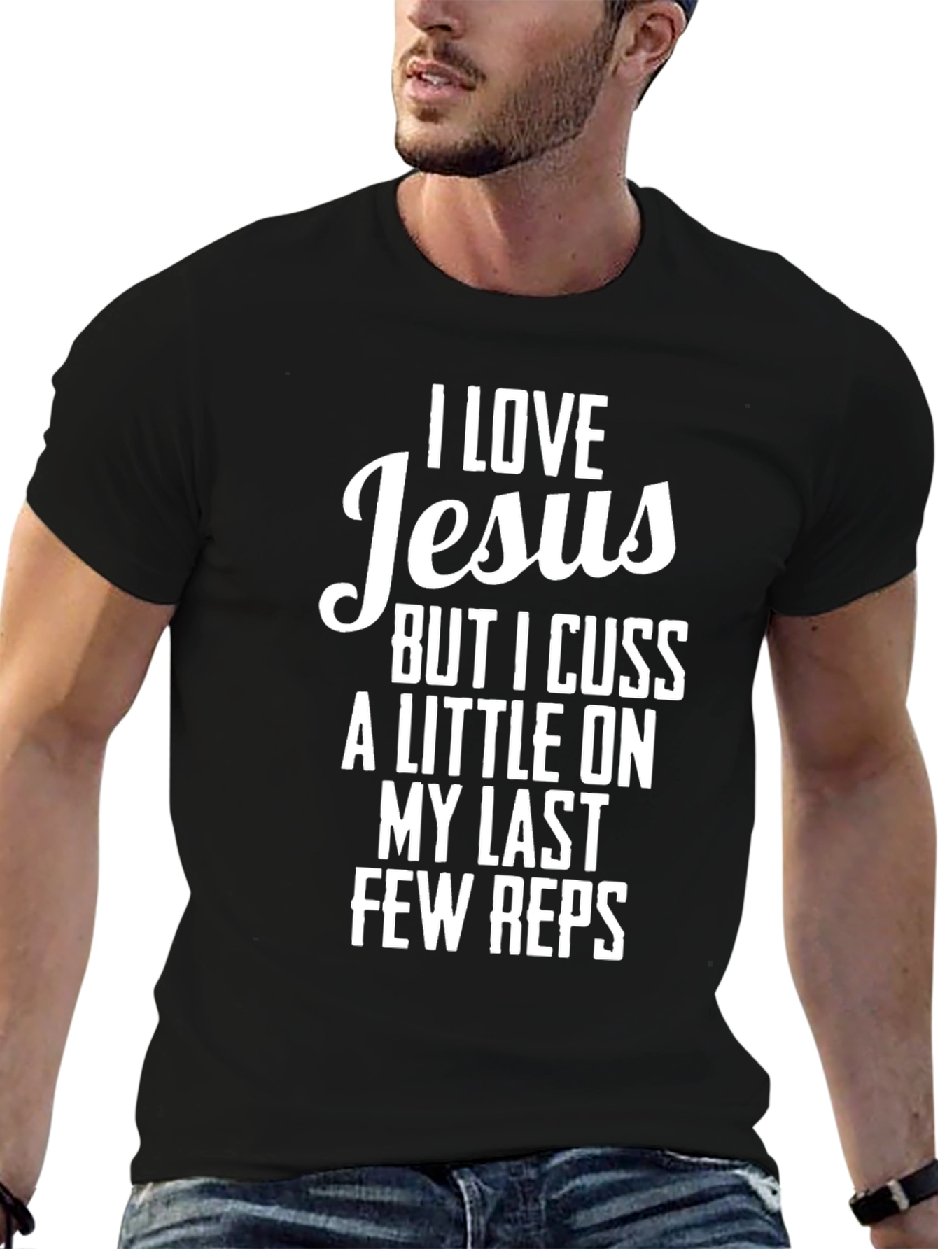 Black I Love Jesus Funny Workout T-Shirt view 6