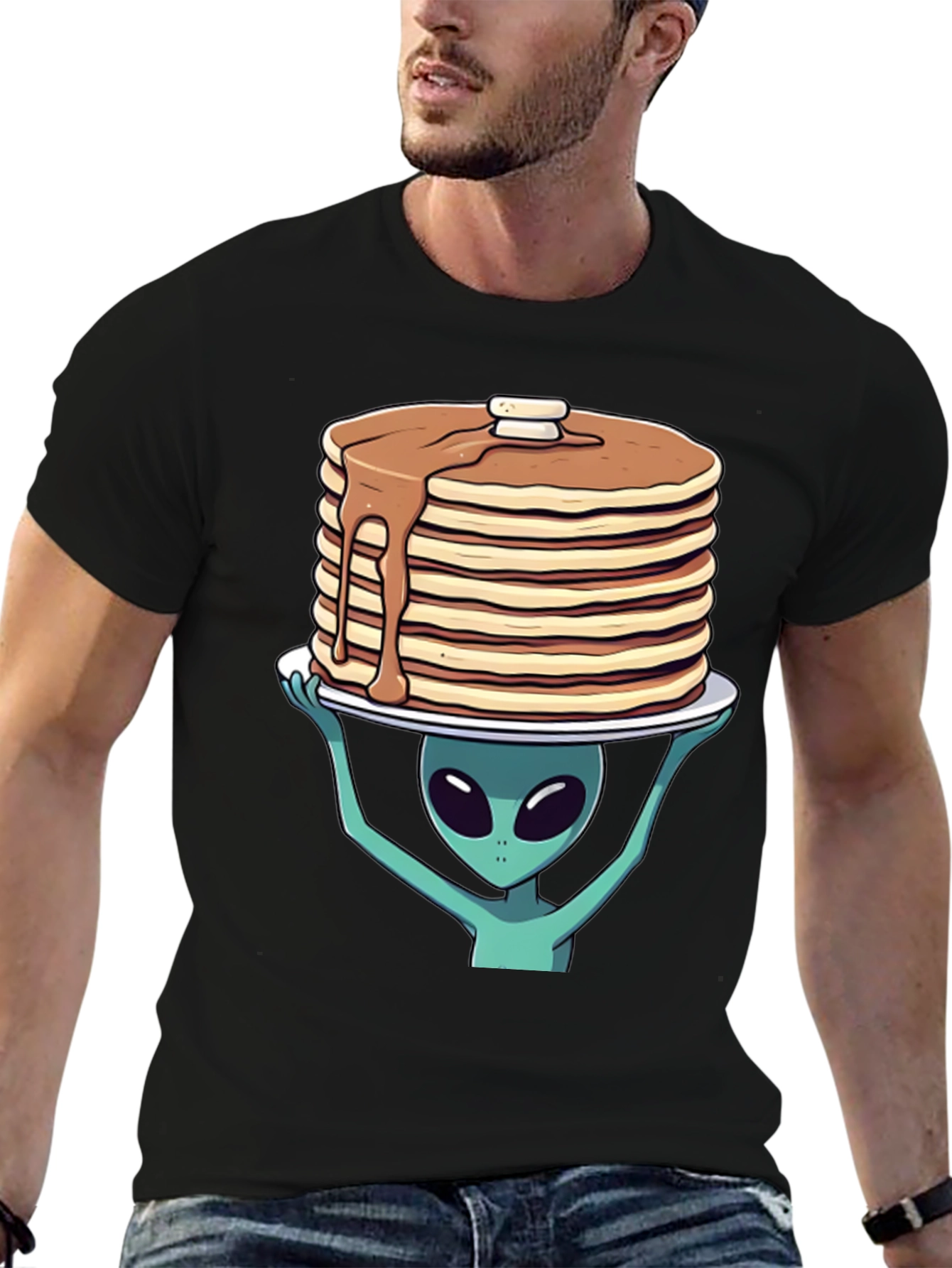 Black Alien Pancakes T-Shirt - Space Foodie Tee view 6