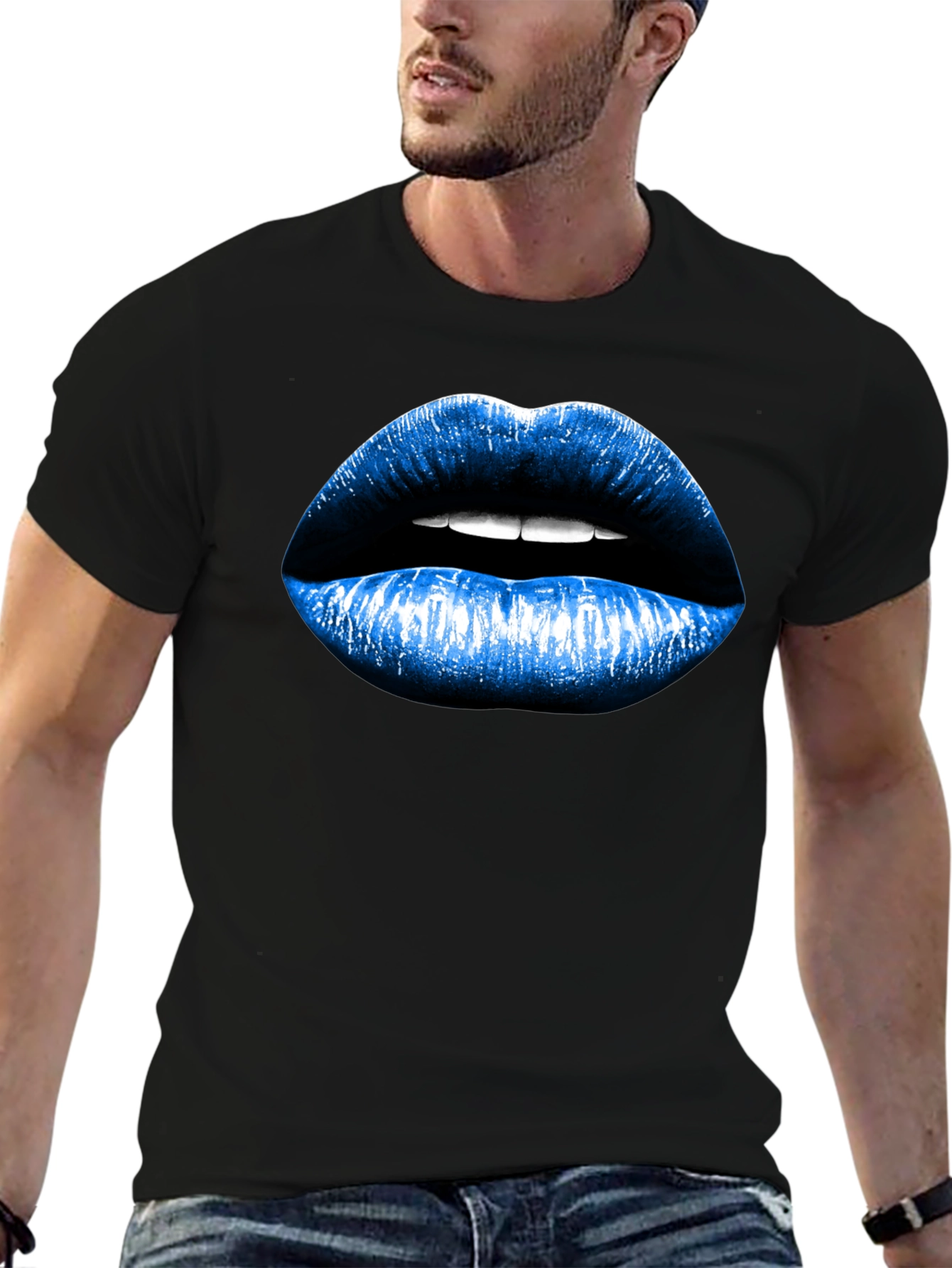 Black Blue Lips Graphic Black T-Shirt view 6