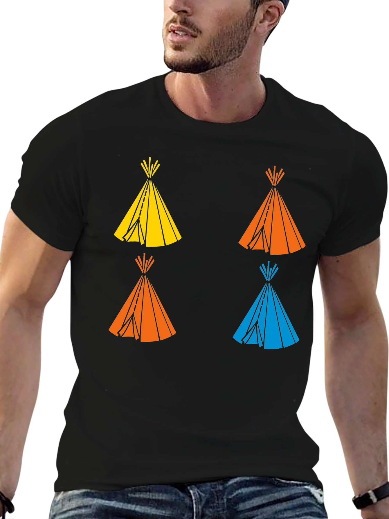 Black Graphic Tee: Colorful Teepee Design - Modern Fit view 6