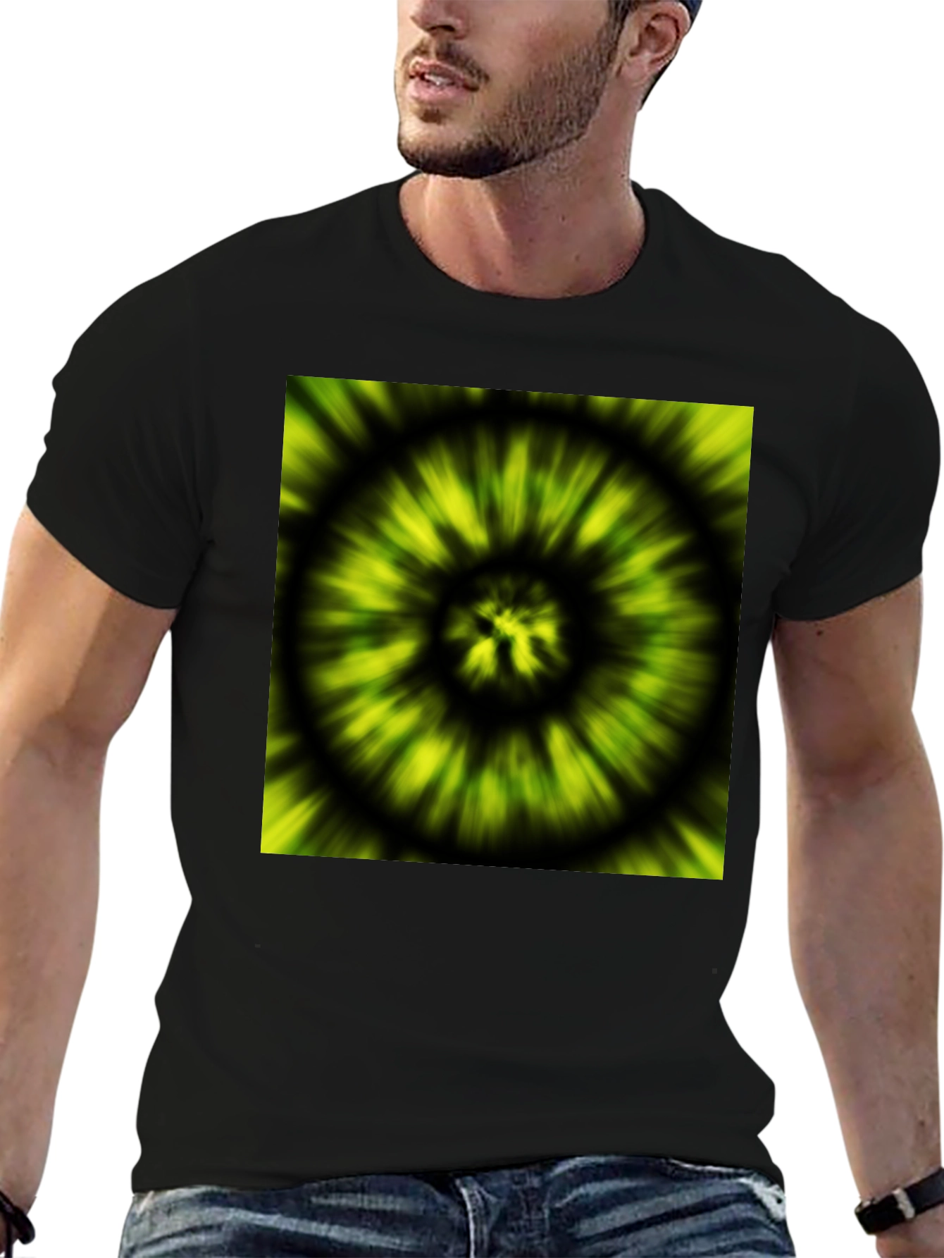 Black Hypnotic Swirl Tee - Green & Black Graphic Print view 6