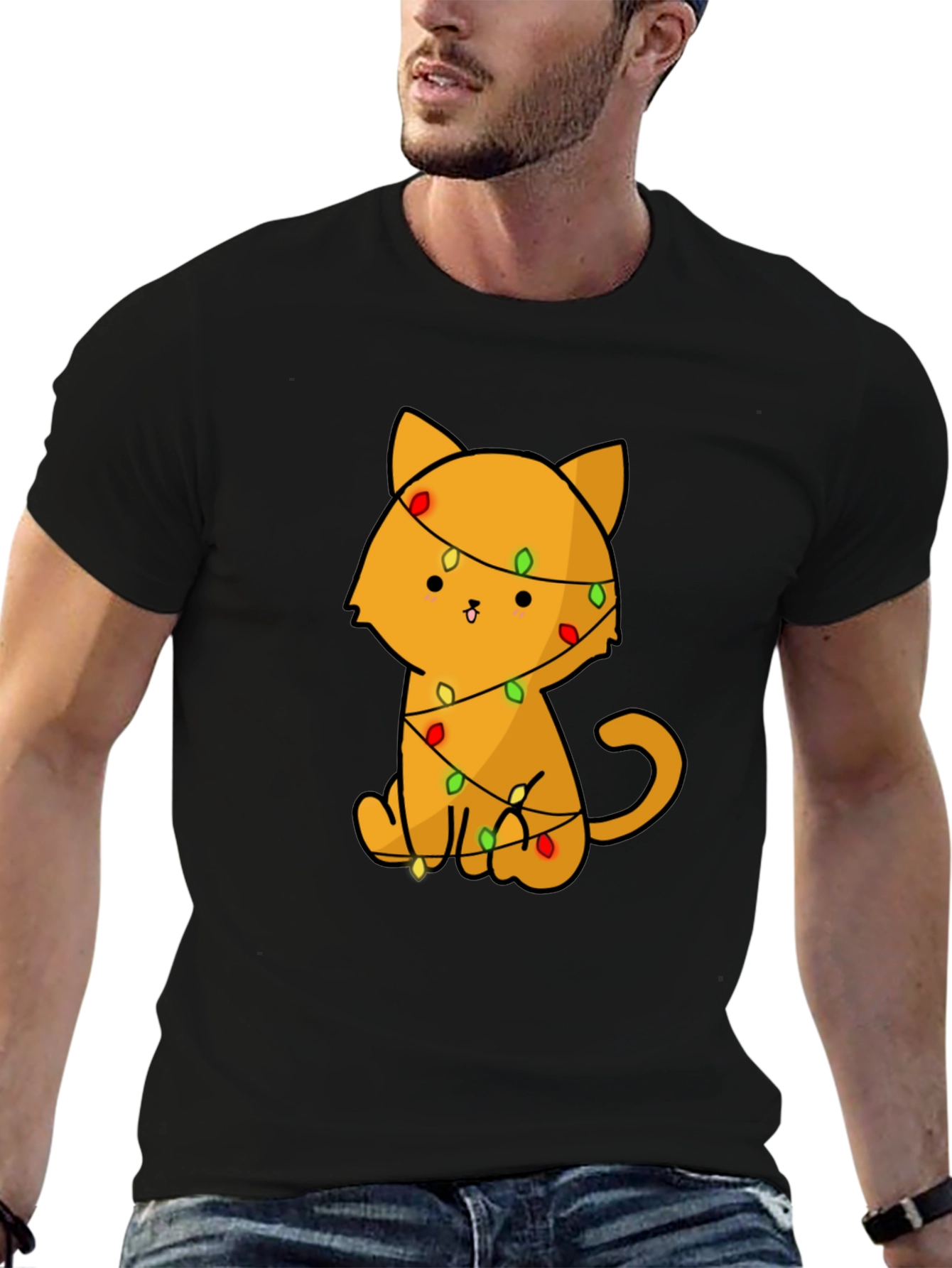 Black Cute Cat with Christmas Lights T-Shirt view 6