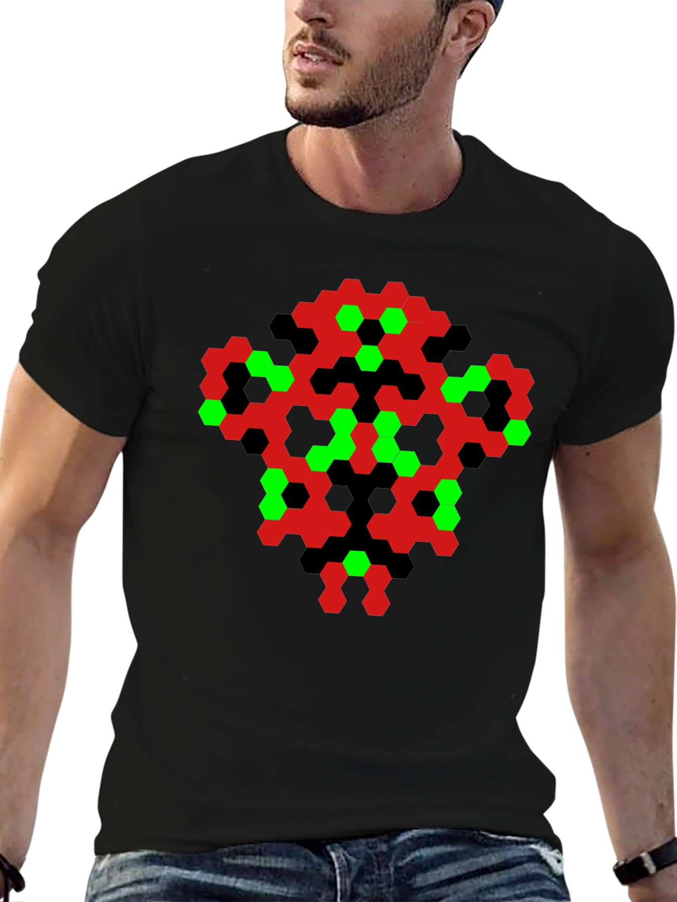 Black Abstract Hexagon Pattern Black T-Shirt view 6