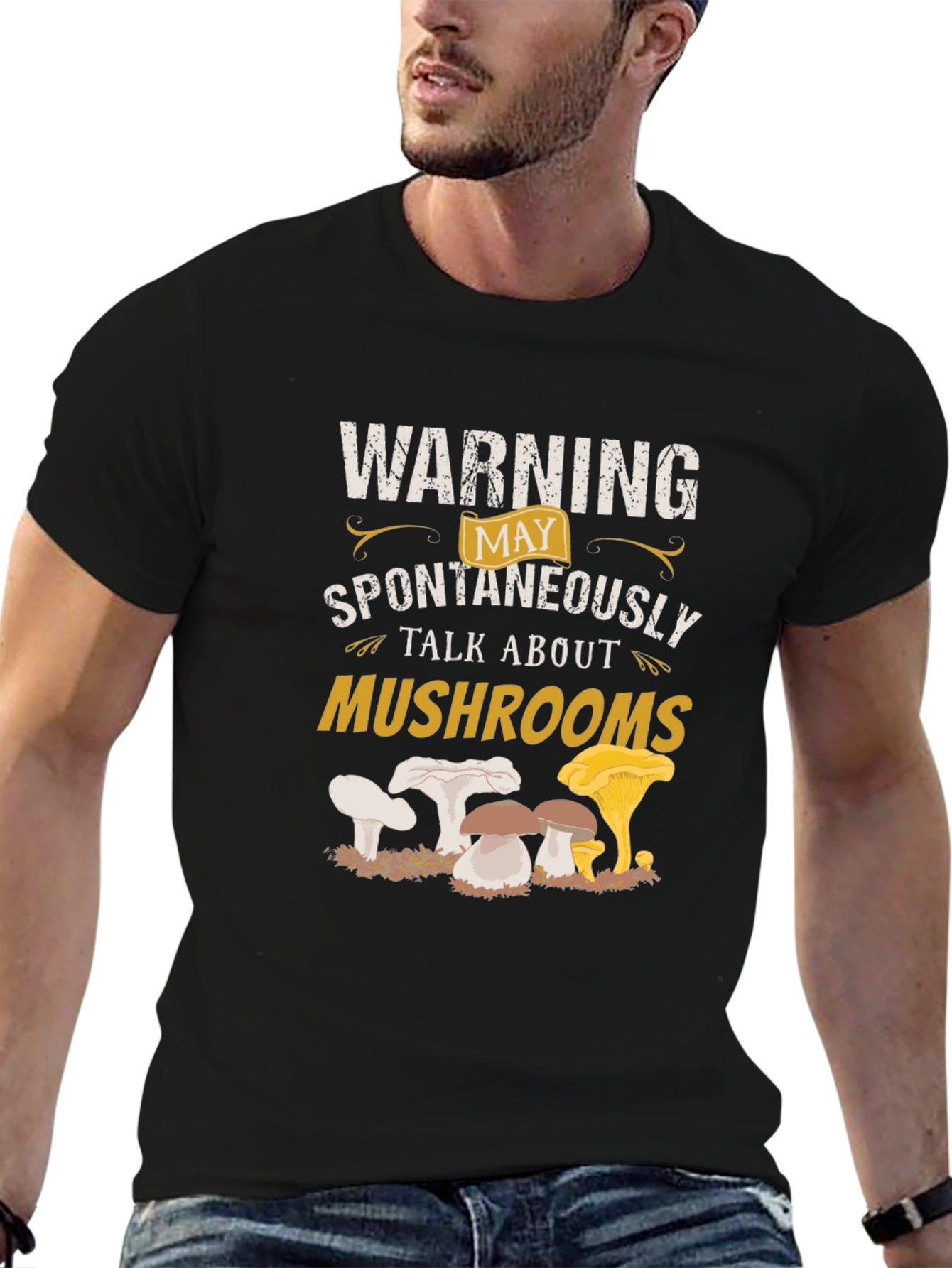Black Warning: May Spontaneously Talk About Mushrooms T-Shirt view 6