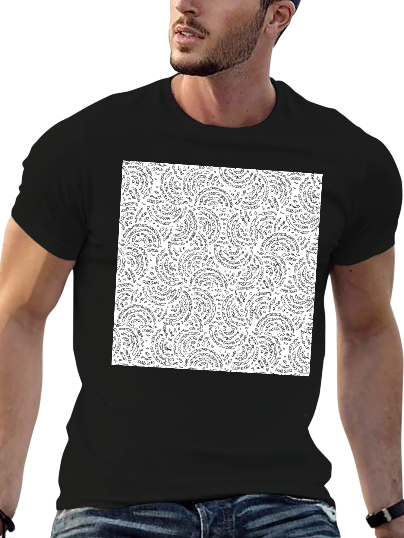 Black Men's Black T-Shirt with Abstract Circular Pattern view 6