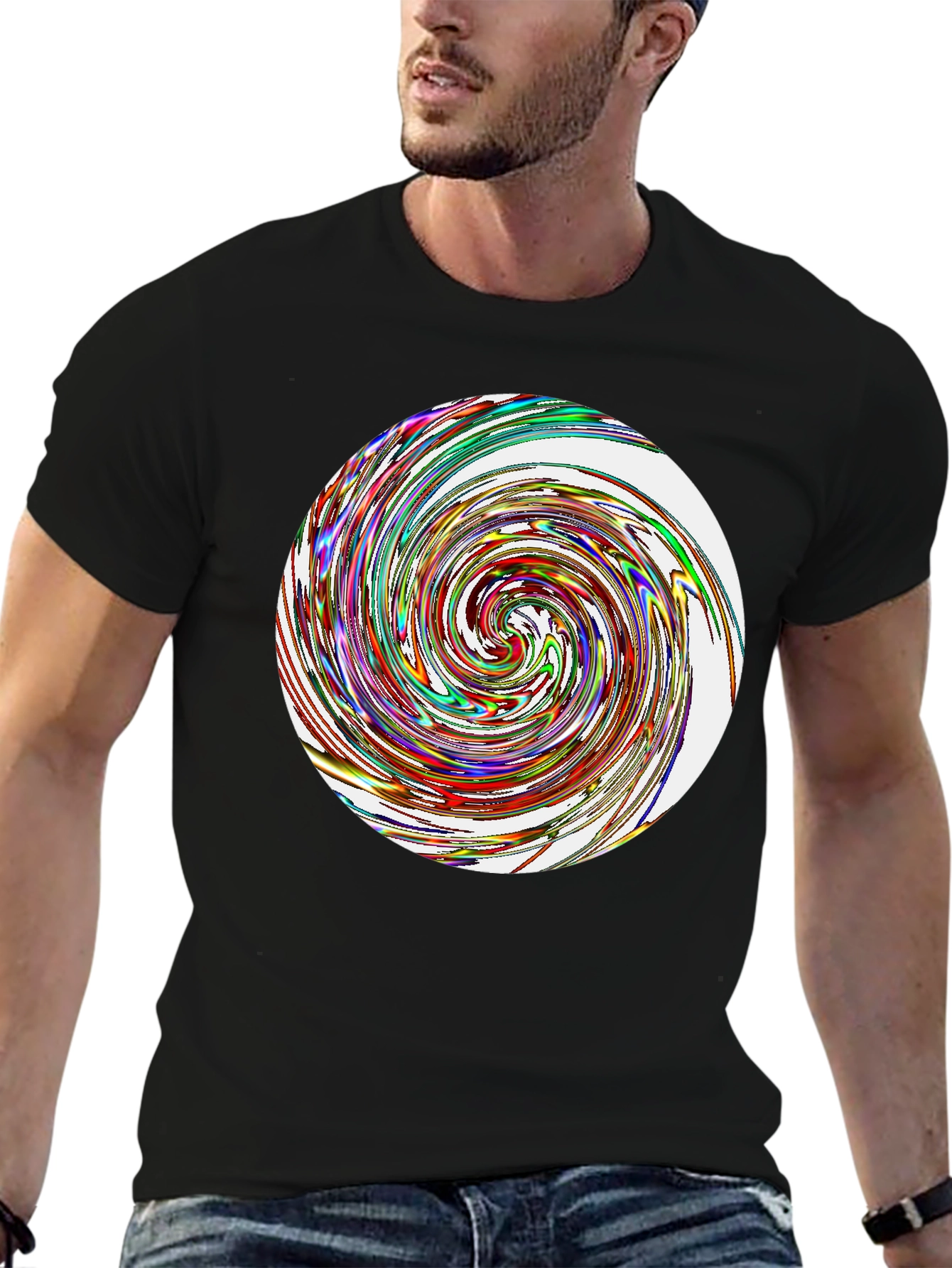 Black Abstract Swirl Graphic Tee - Black Cotton Blend T-Shirt view 6