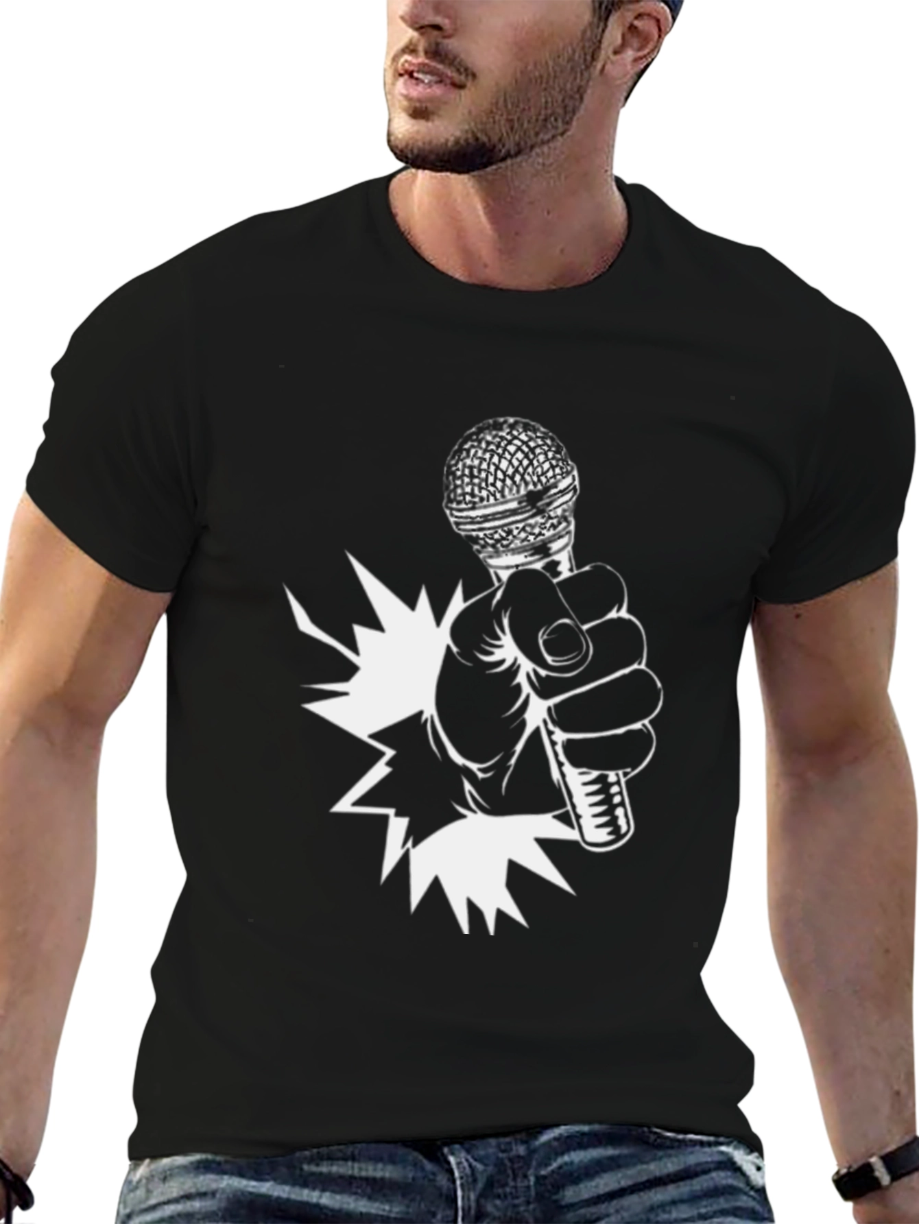 Black Microphone Burst Black Graphic Tee view 6