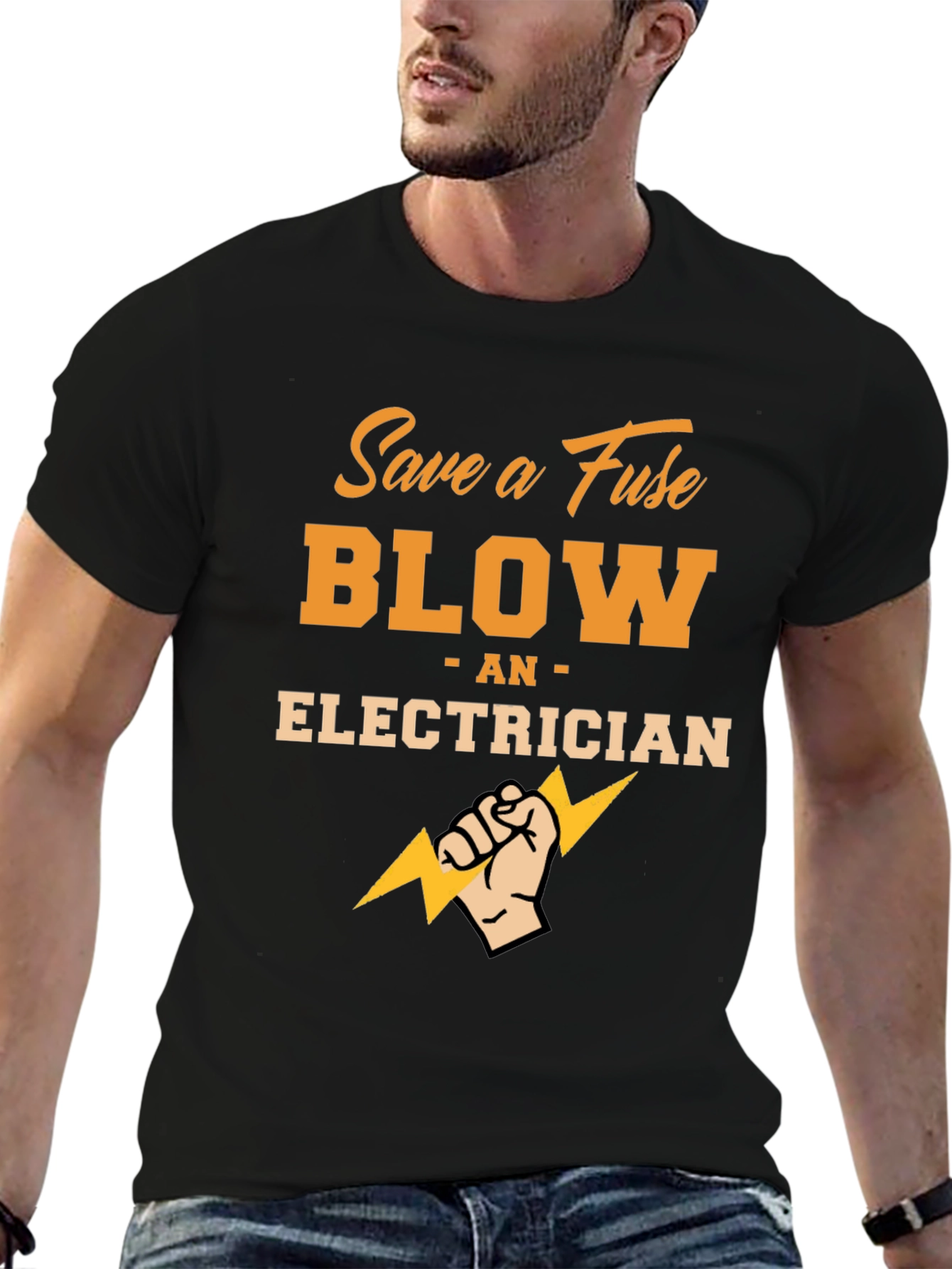 Black Save a Fuse Blow an Electrician Black T-Shirt view 6