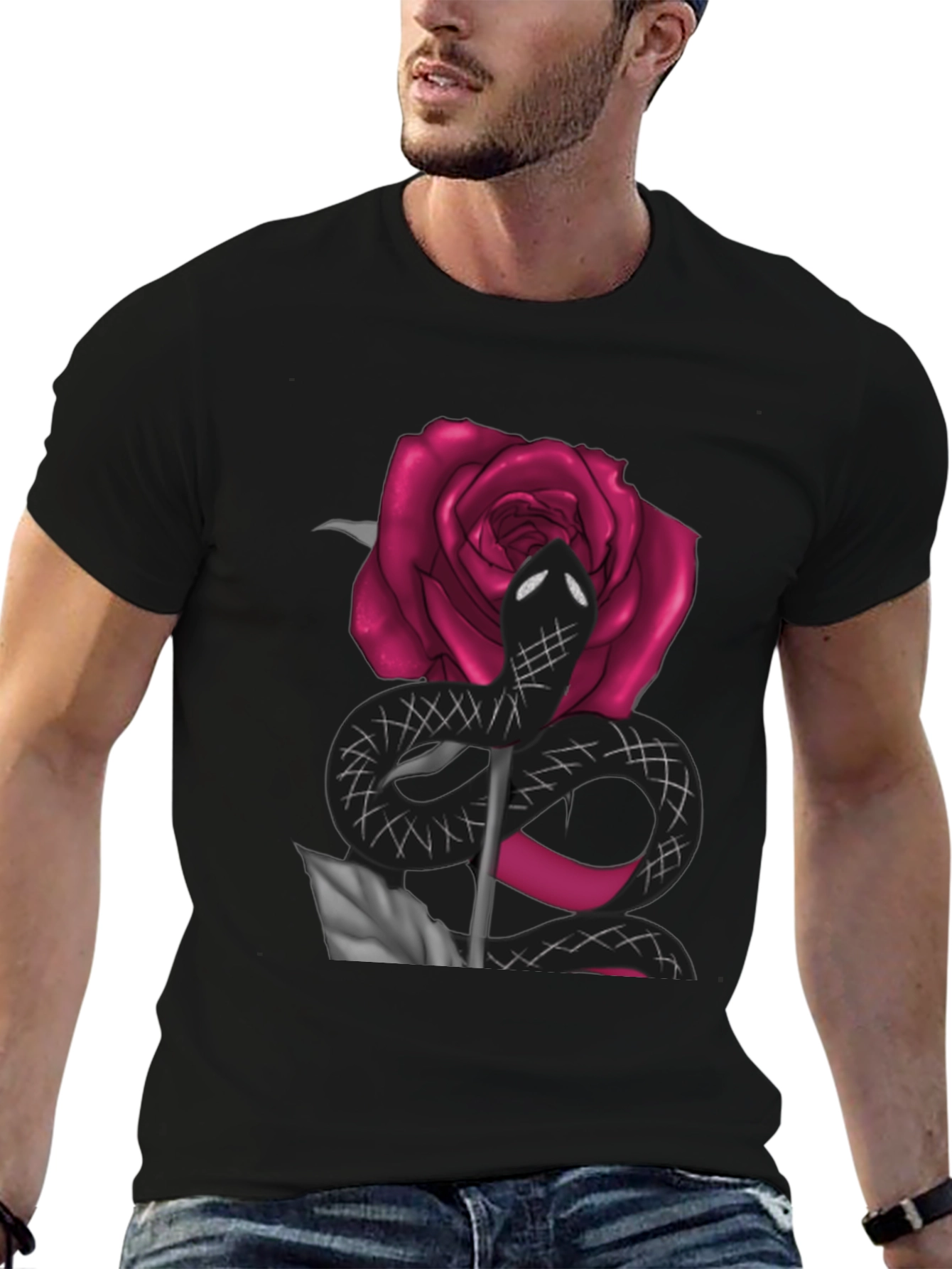 Black Snake & Rose Graphic Tee - Bold Statement T-Shirt view 6