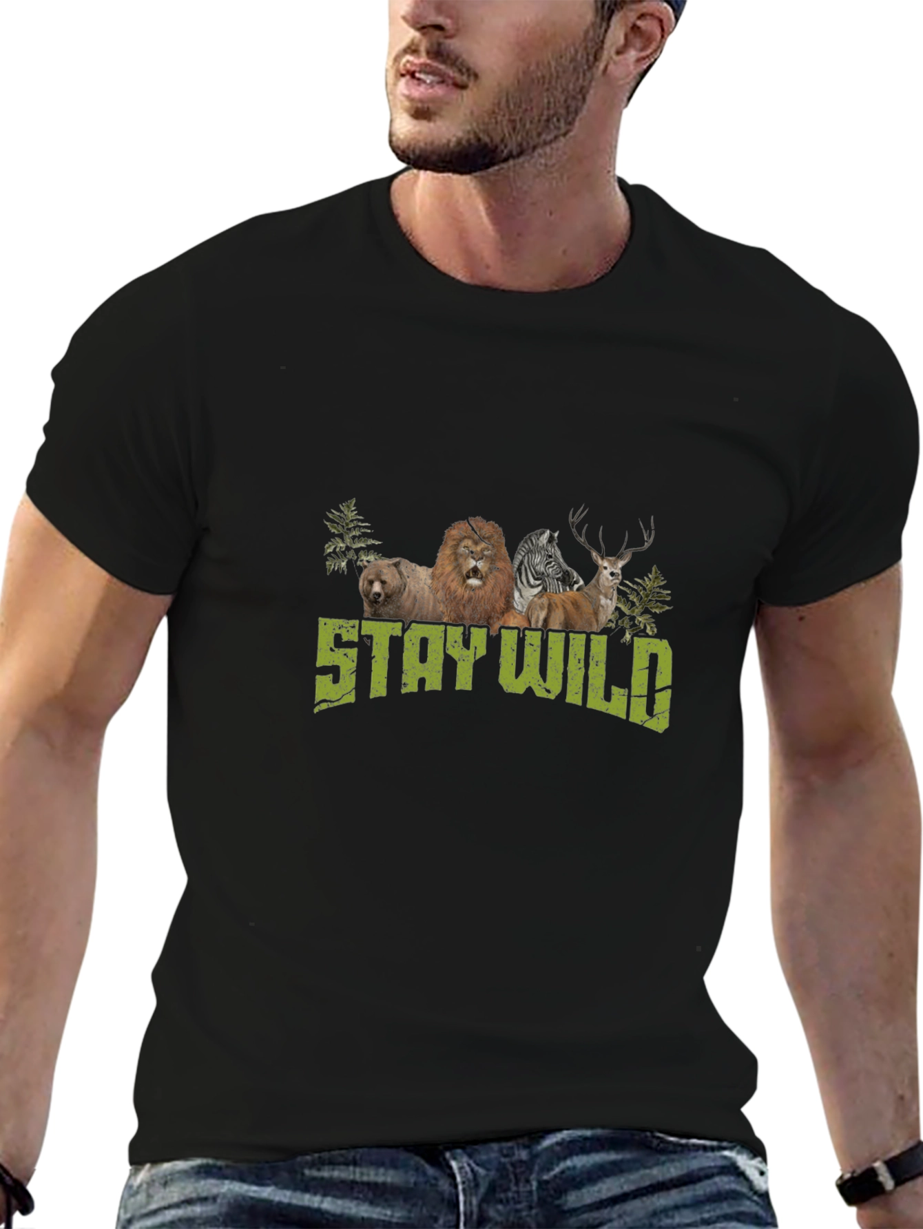 Black Stay Wild Graphic Print Crew Neck T-Shirt view 6