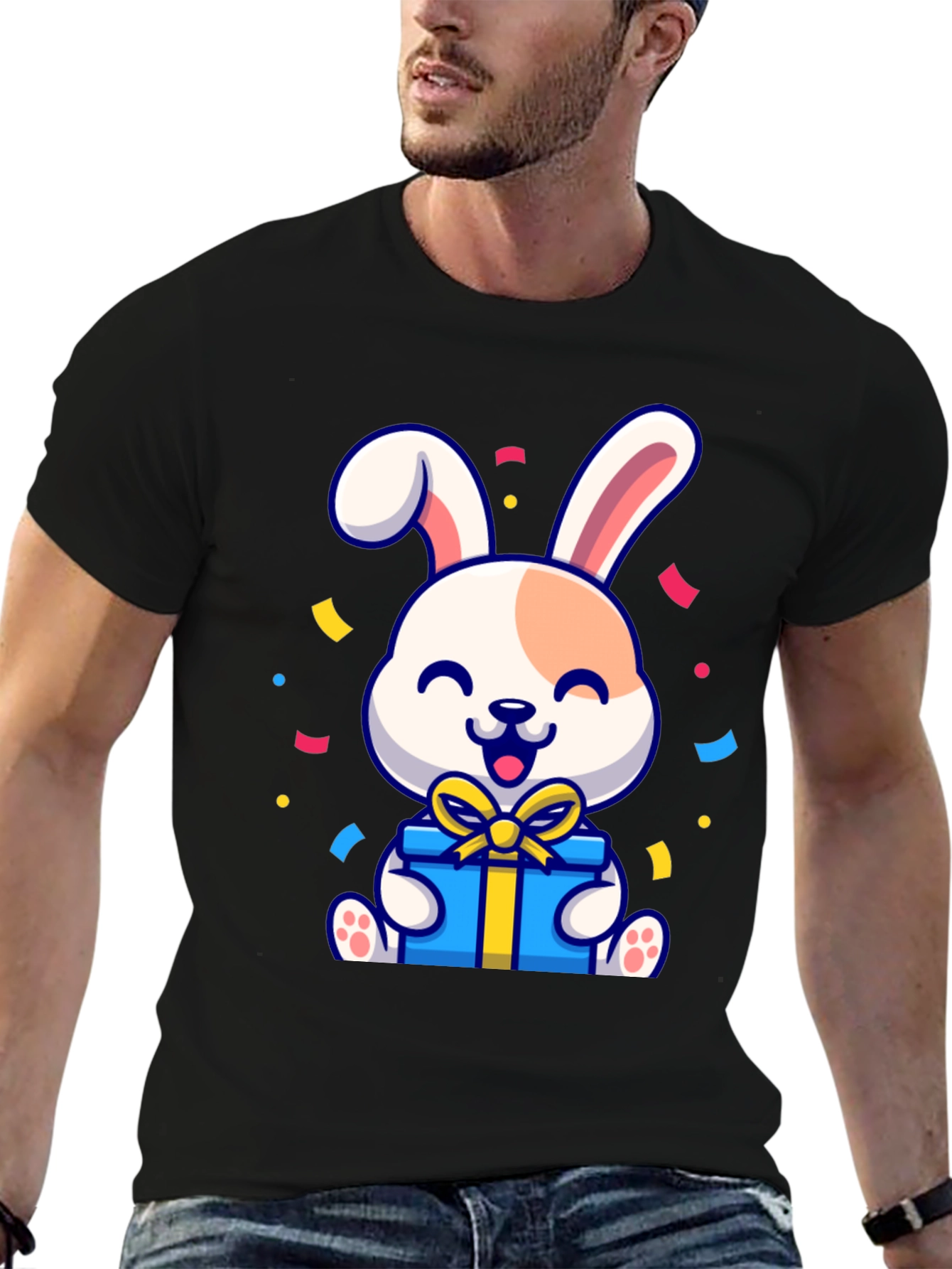 Black Cute Bunny Holding Gift T-Shirt view 6