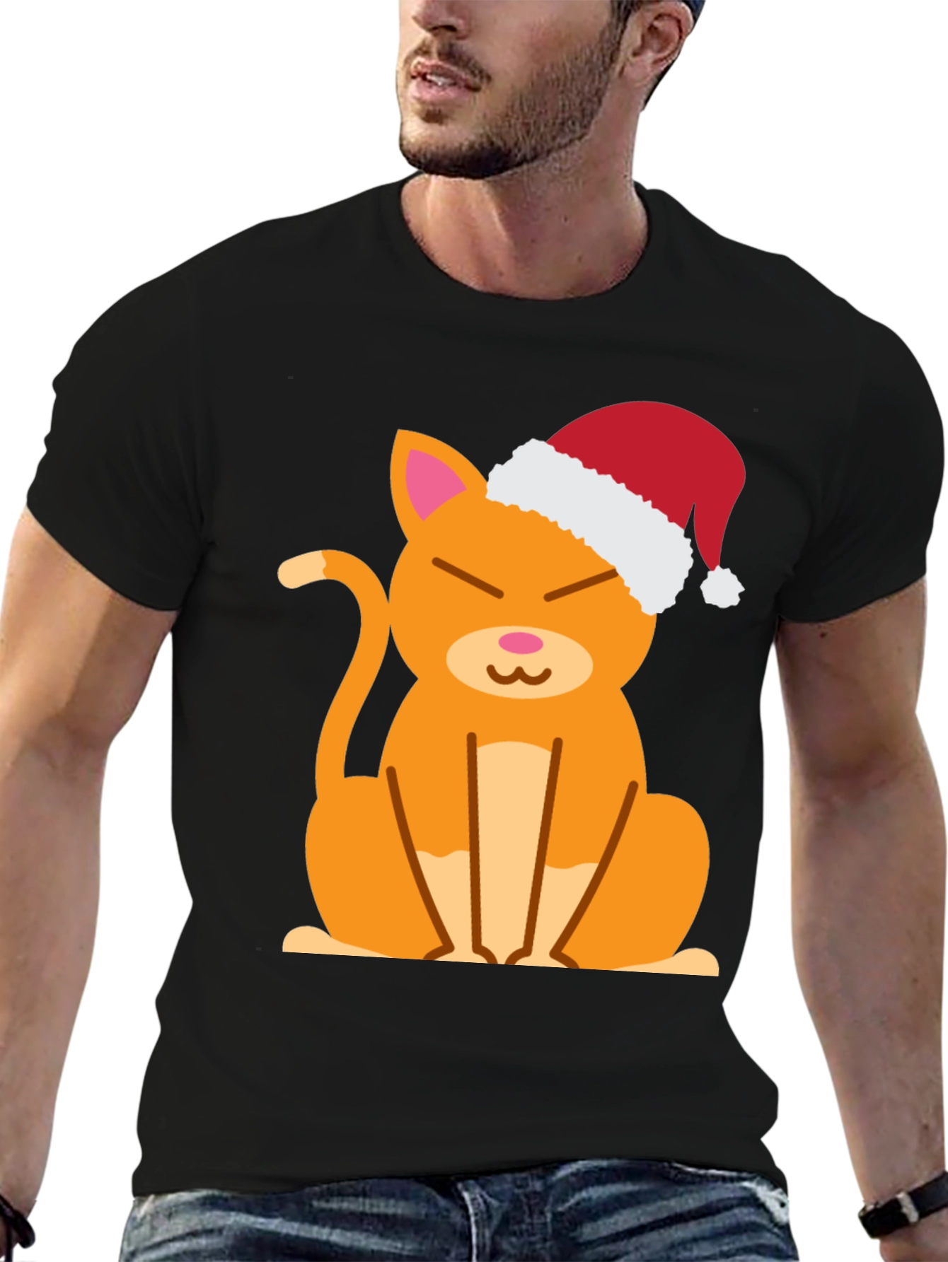 Black Festive Cat Tee - Santa Hat Cute Kitten Shirt view 6