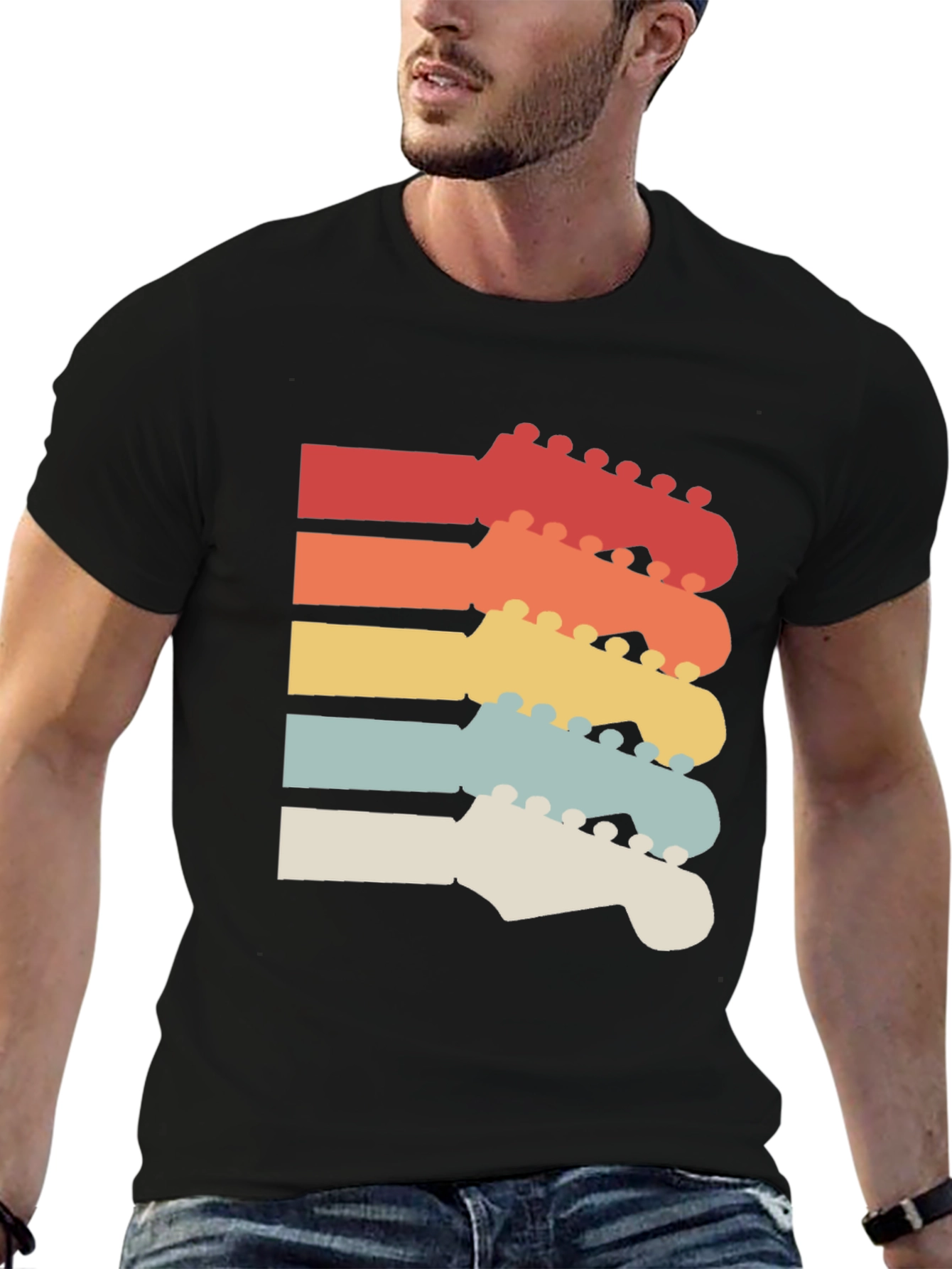 Black Retro Guitar Headstock T-Shirt view 6