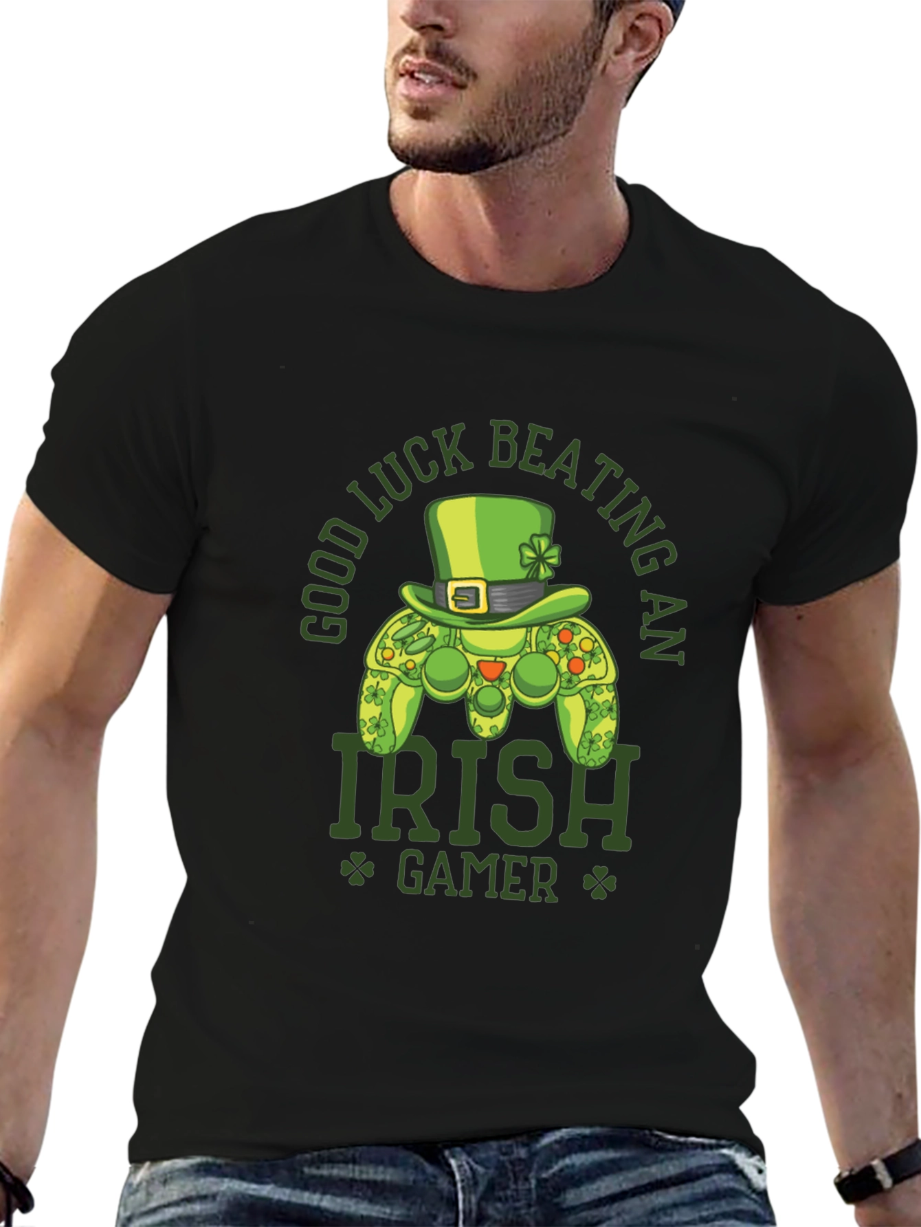 Black Irish Gamer T-Shirt - Good Luck Beating An Irish Gamer view 6