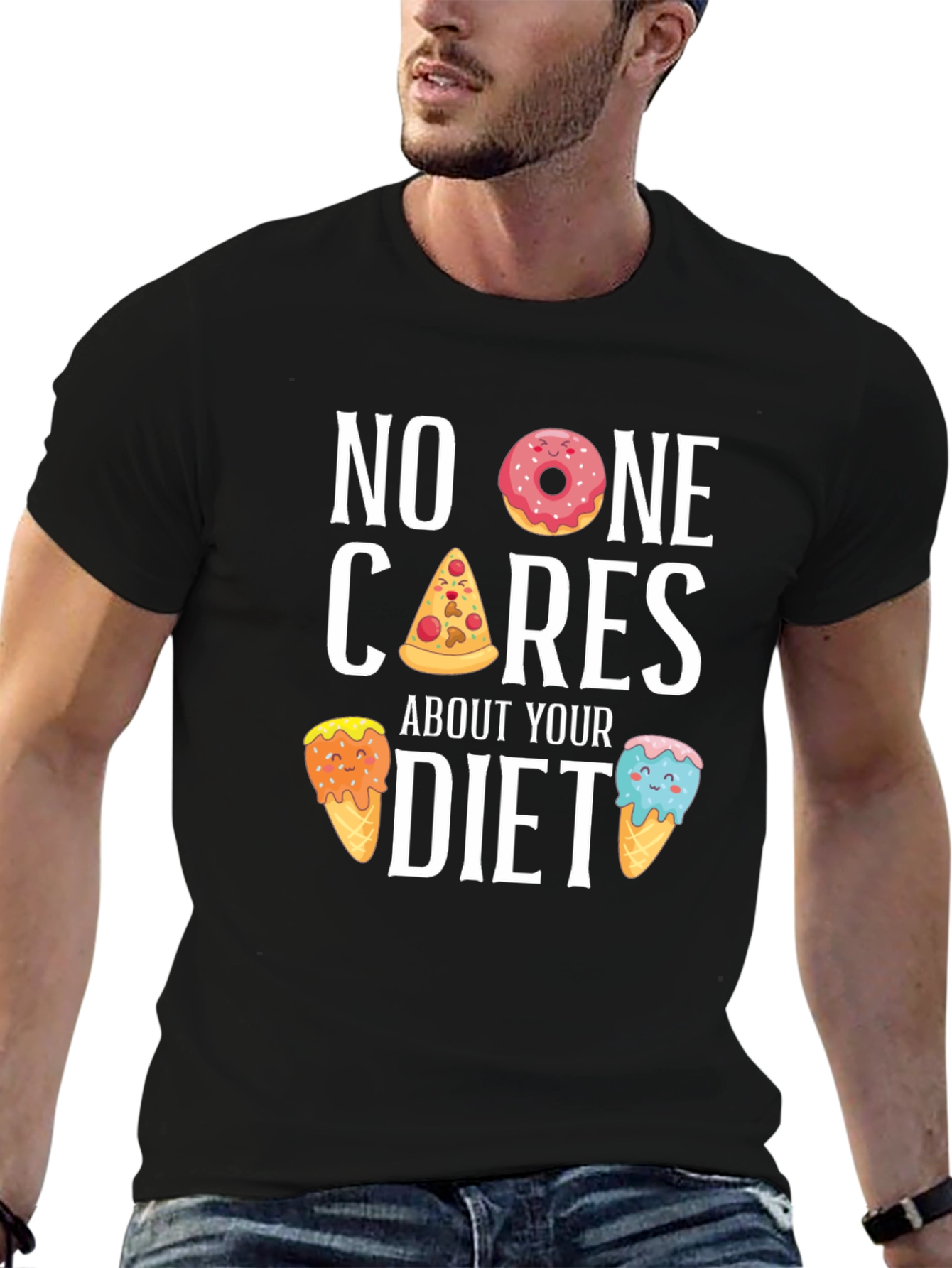 Black Funny Diet T-Shirt - No One Cares, Doughnut, Pizza, Ice Cream view 6