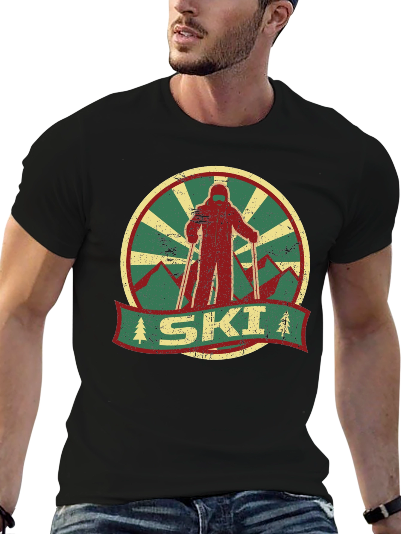 Black Vintage Ski Graphic Tee - Retro Winter Sports T-Shirt view 6
