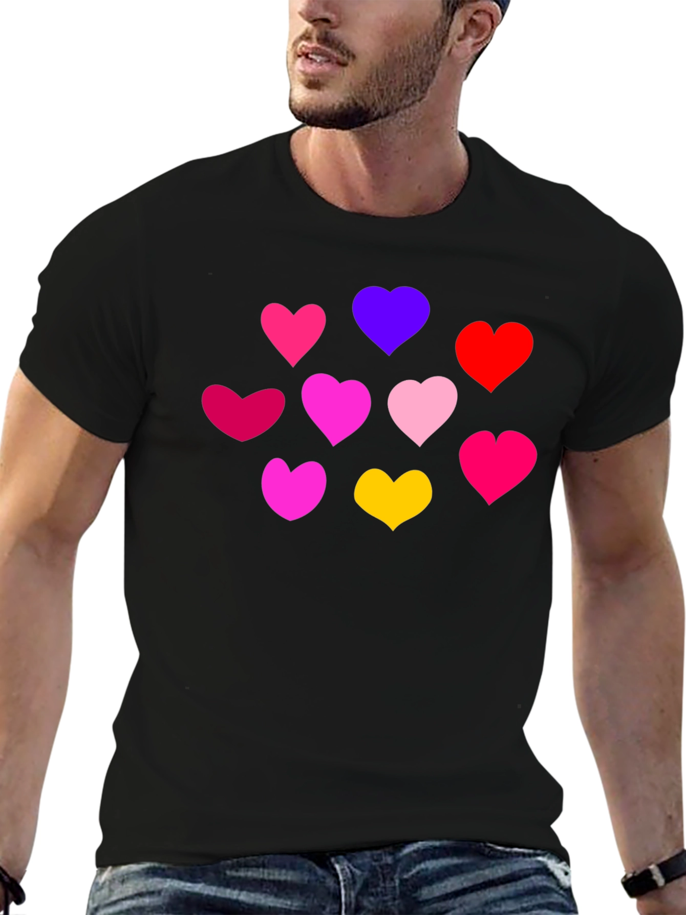 Black Heartful Tee: Colorful Hearts on Black Shirt view 6