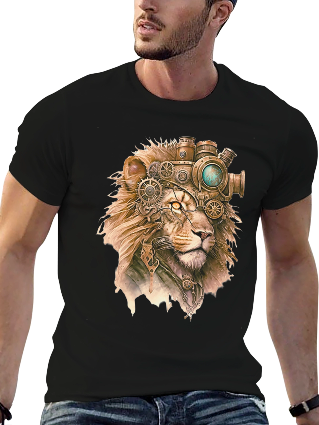 Black Steampunk Lion Graphic Print Black T-Shirt view 6