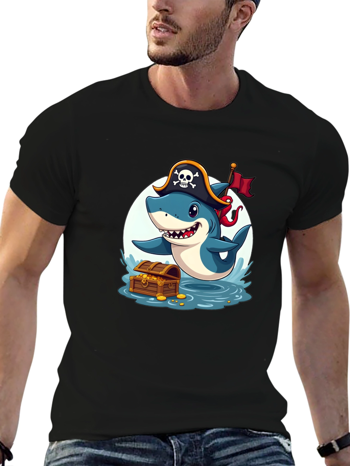 Black Pirate Shark T-Shirt - Cartoon Graphic Tee view 6
