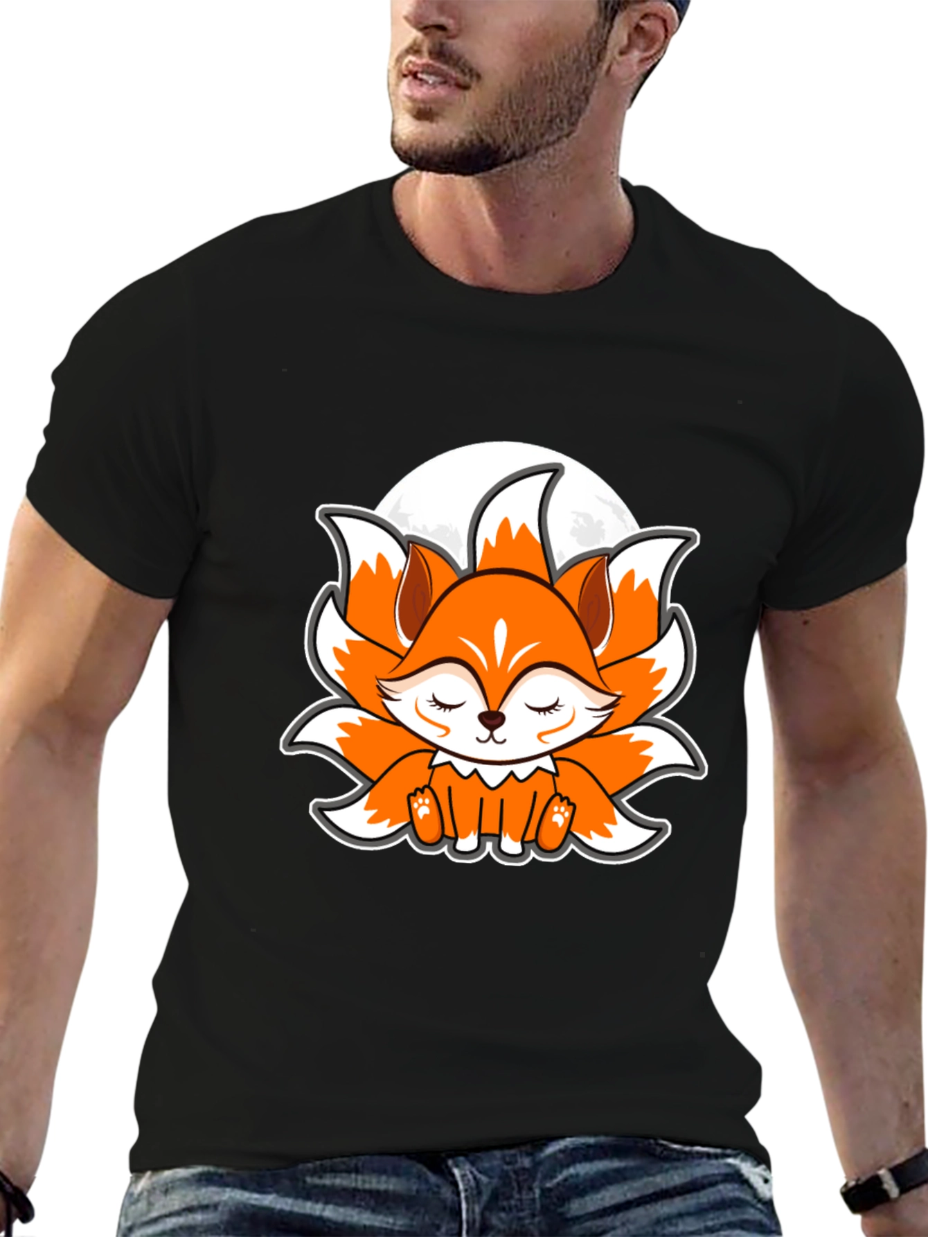 Black Cute Anime Fox Graphic Tee - Black Cotton T-Shirt view 6