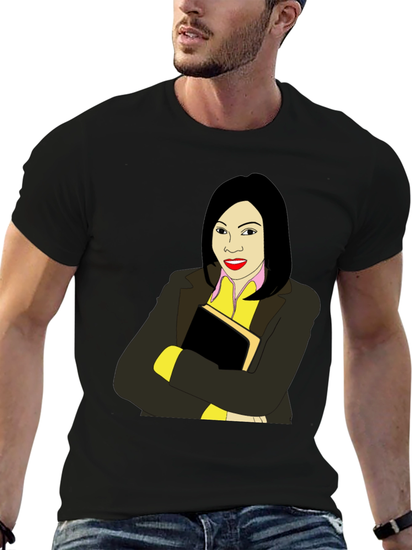 Illustrated Woman on Black T-Shirt - 6
