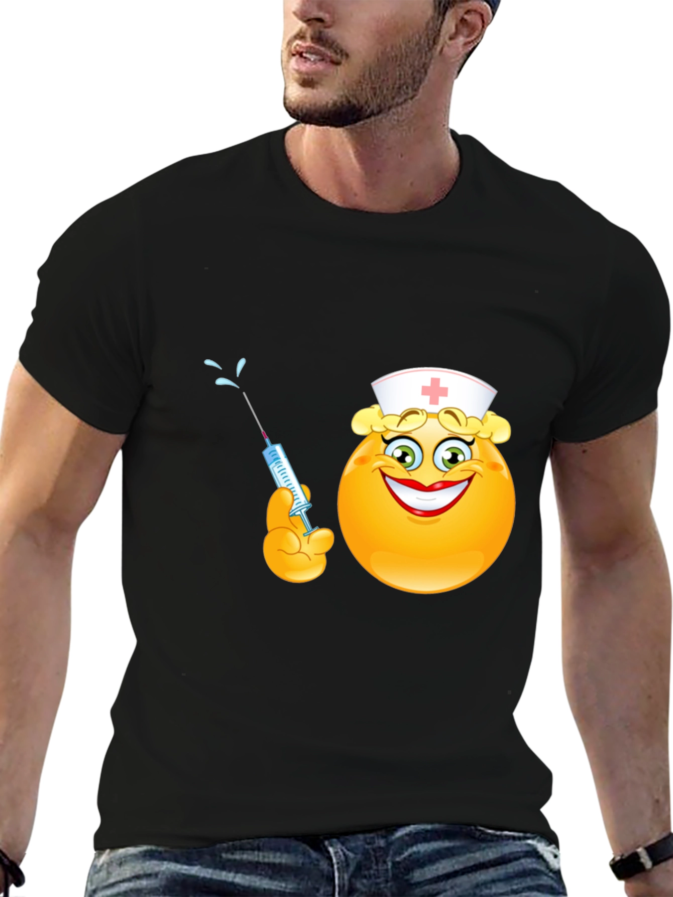 Black Funny Nurse Emoji T-Shirt - Black Cotton Tee view 6