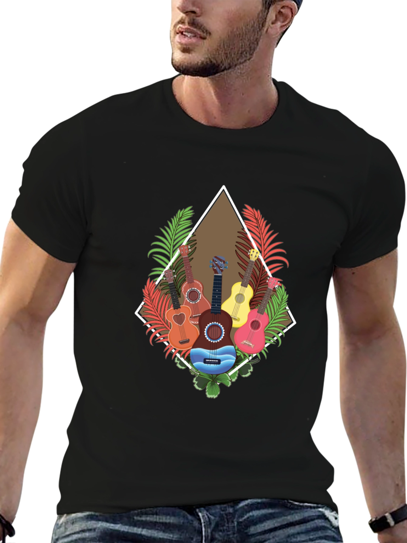 Black Tropical Guitar T-Shirt: Island Style view 6