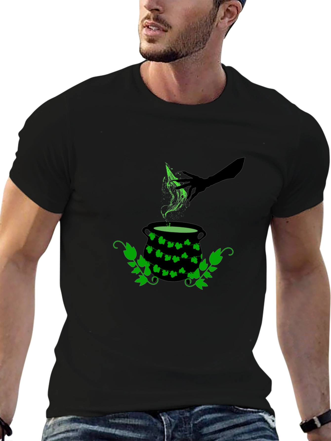 Black Witch Cauldron T-Shirt - Green Potion Brew view 6