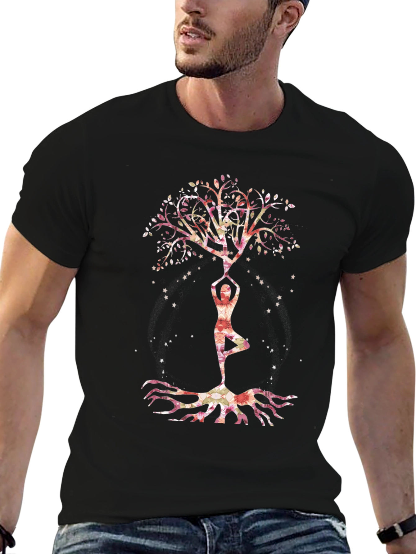 Black Yoga Tree of Life Graphic Tee - Black Cotton Blend view 6