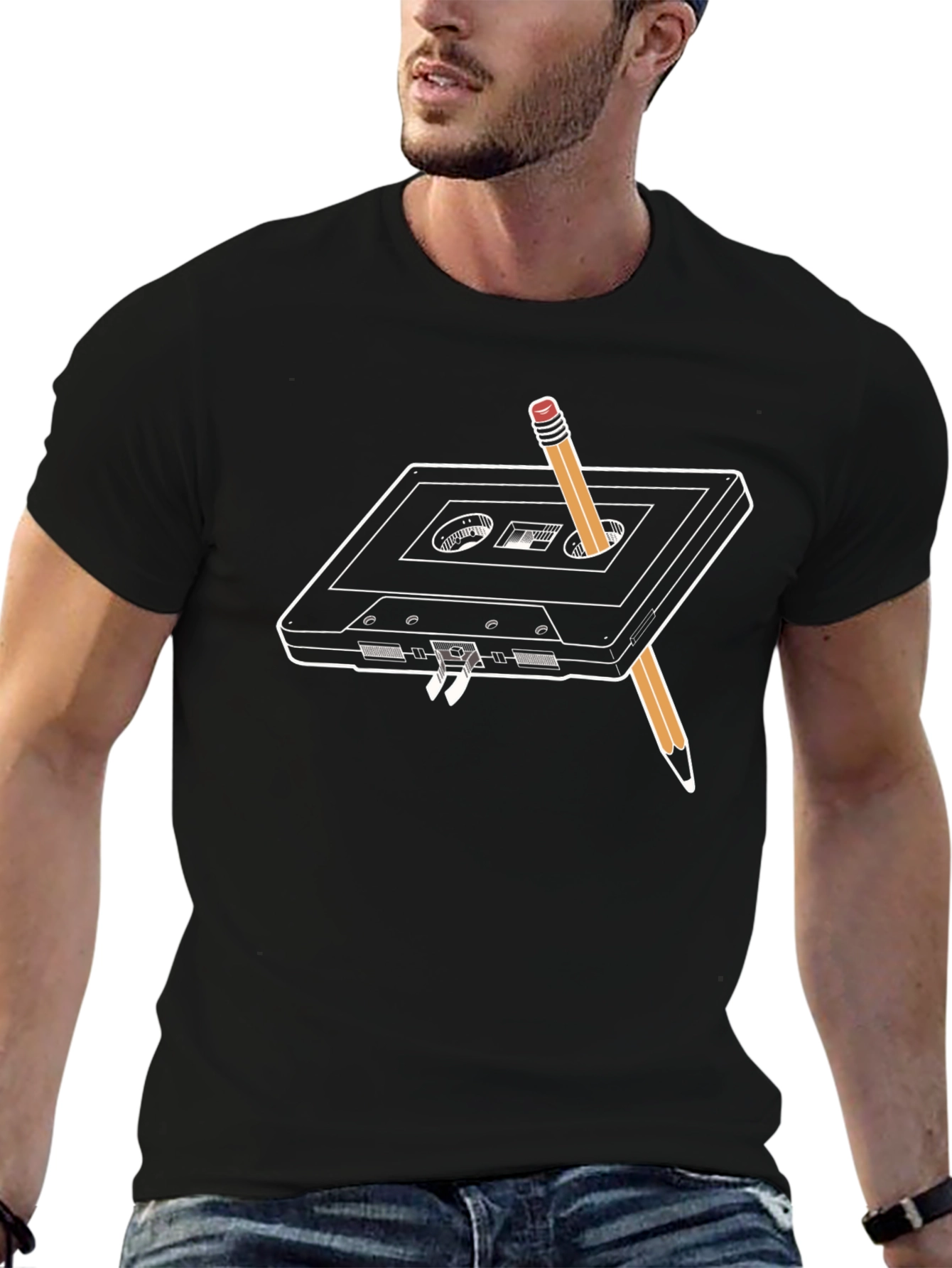 Retro Cassette Tape & Pencil T-Shirt - Black - 6