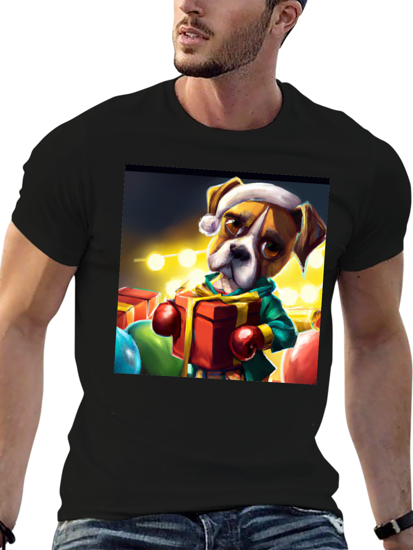 Black Festive Boxer Dog Christmas T-Shirt view 6