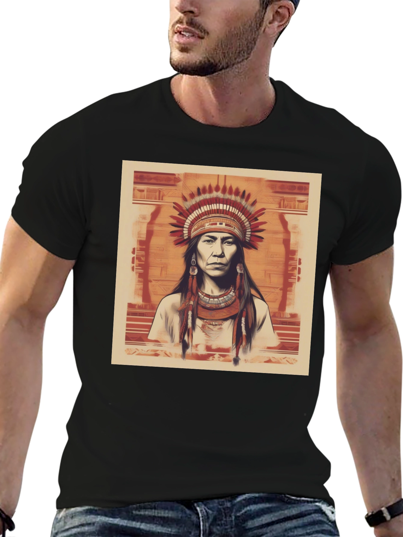 Black Native American Chief Graphic Tee - Black Cotton view 6